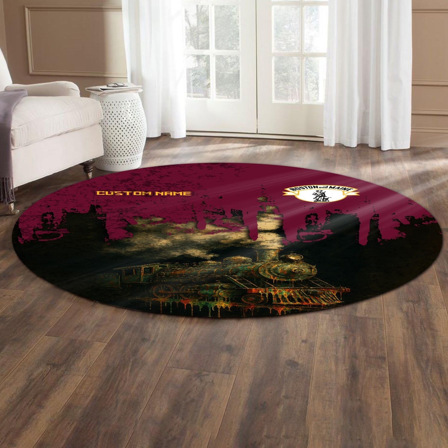 Railspirit Personalized Boston and Maine Railroad Round Mat Vintage Train Art Style Mat For Locomotive Fans
