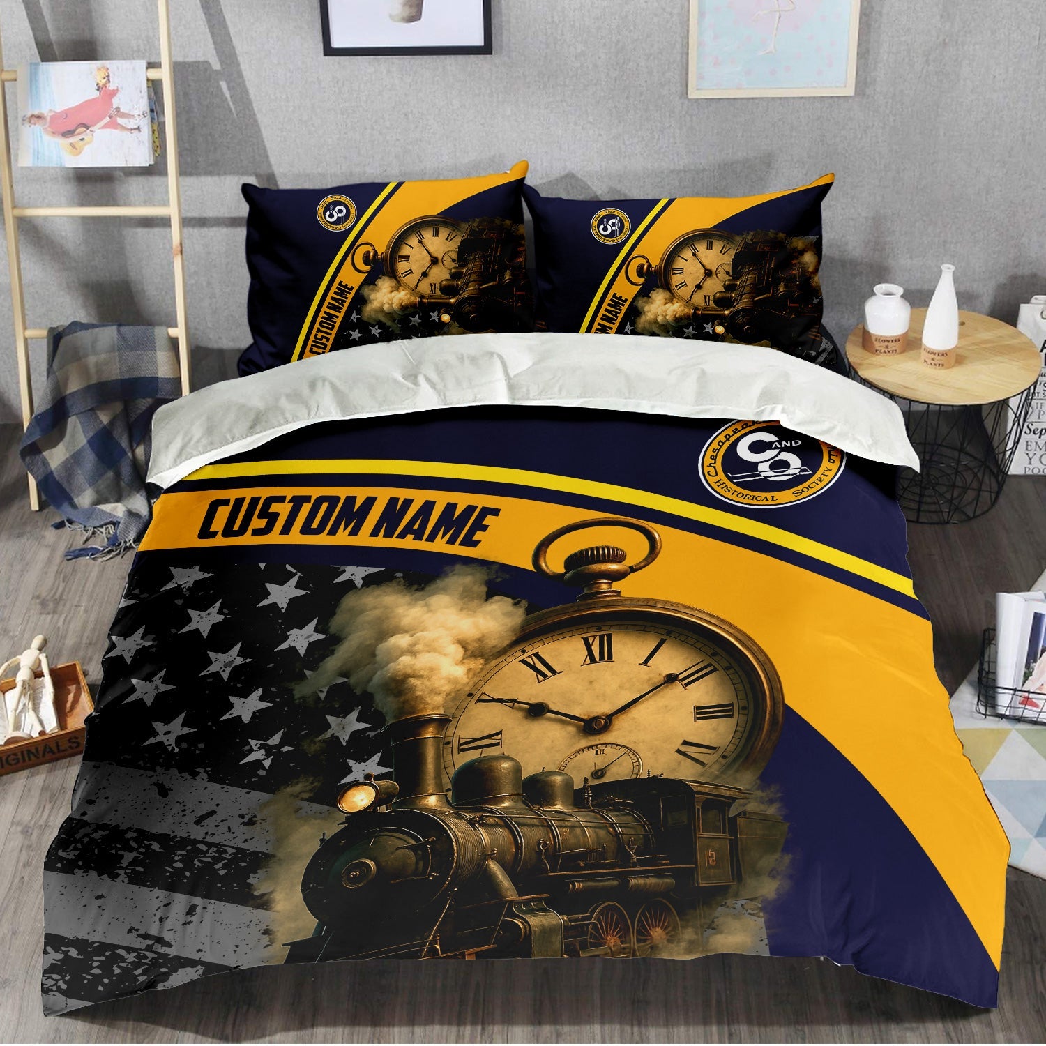 Railspirit Personalized Chesapeake and Ohio Railway Bedding Set Classic Steam Engine With Retro Pocket Watch C&O Bedding Set All Over Print