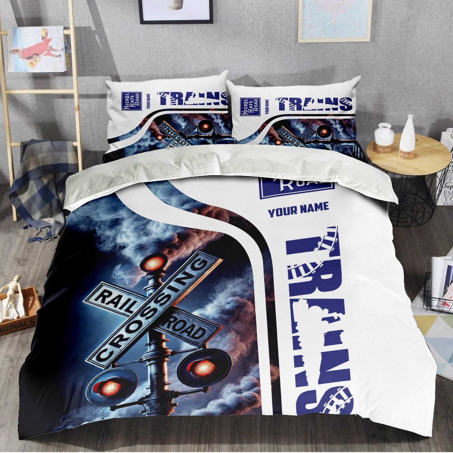 Railspirit Personalized New York, Chicago and St. Louis Railroad Bedding Set Railroad Crossing Sign Nickel Plate Road Bedding Set All Over Print