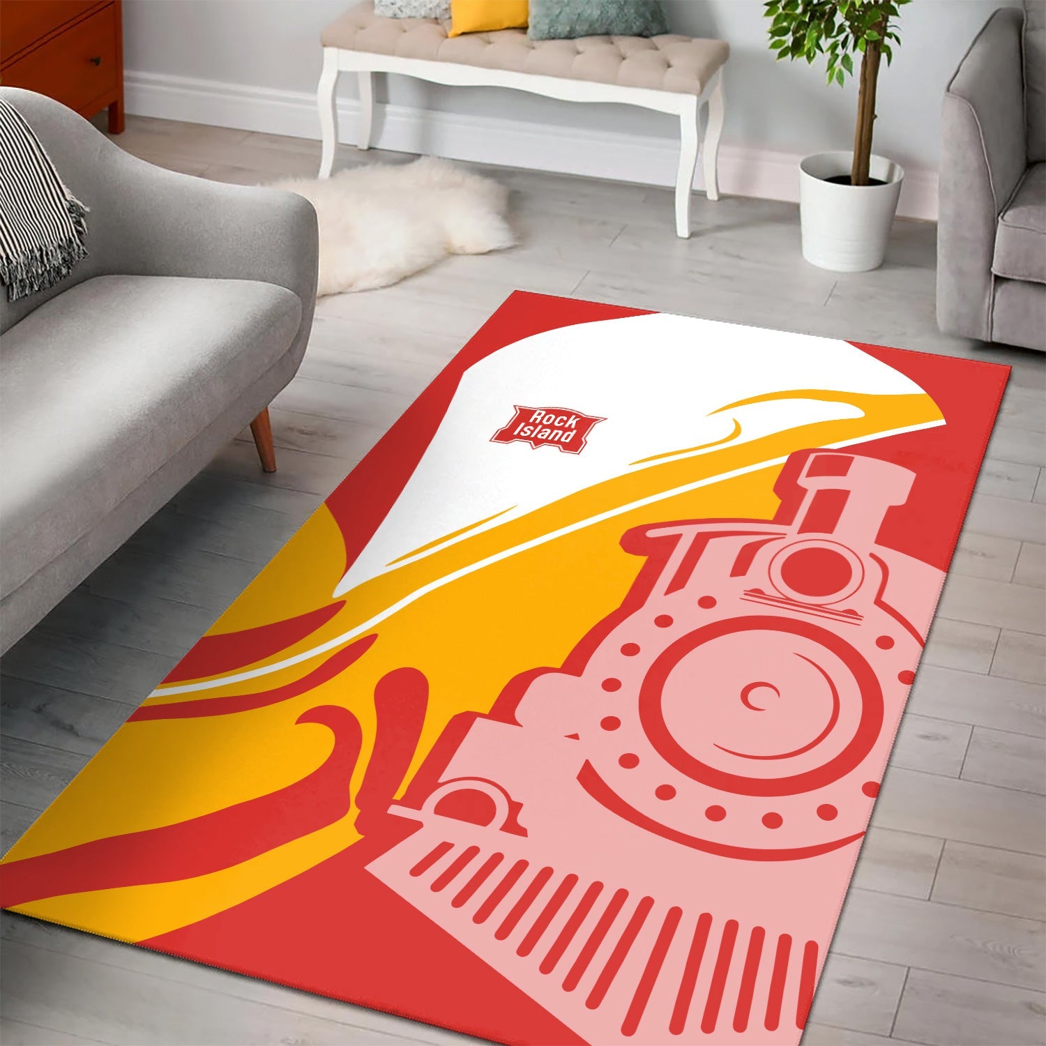 Railspirit Chicago, Rock Island and Pacific Railroad Area Rug Flame-Inspired Style Rock Island Railroad Rug Gift Idea For Train Lovers