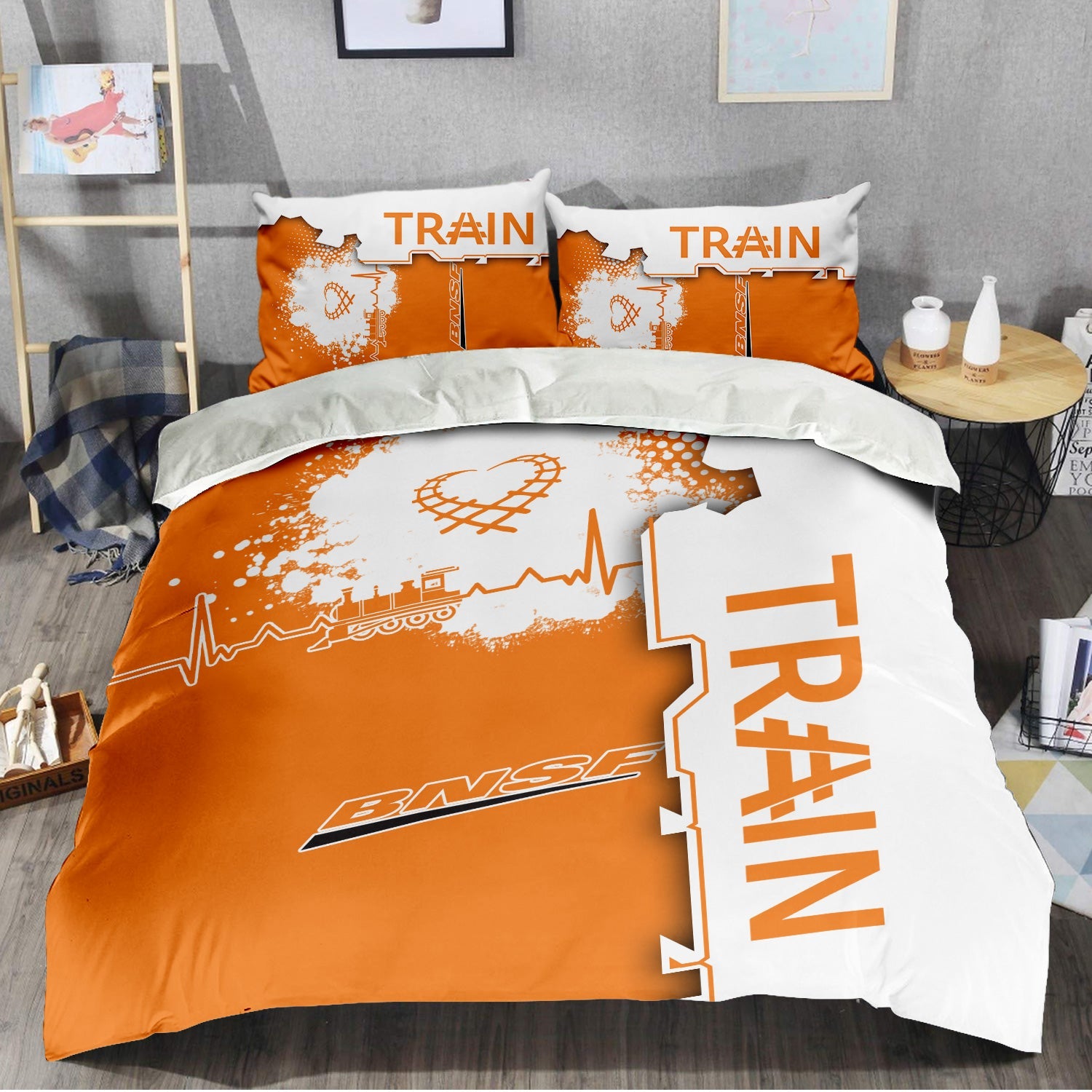 Railspirit BNSF Railway Bedding Set Engine Heartbeat and Track Love Style Bedding Set Gift Idea For Train Lovers
