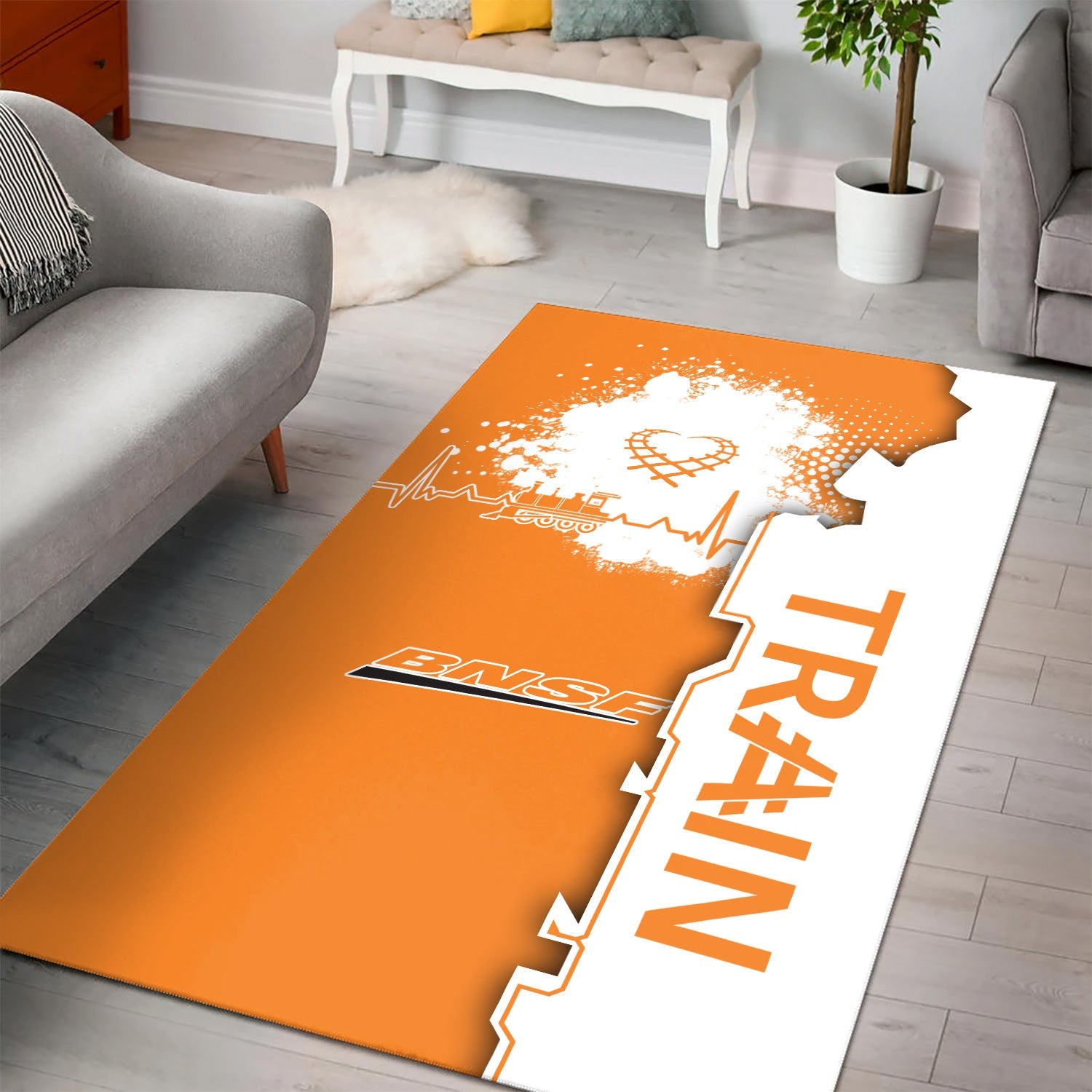 Railspirit BNSF Railway Area Rug Engine Heartbeat and Track Love Style Rug Gift Idea For Train Lovers