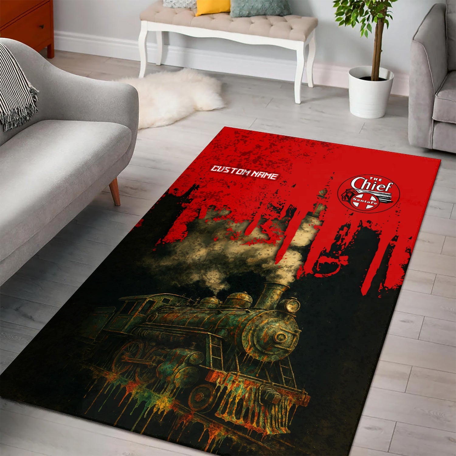 Railspirit Personalized The Chief Santa Fe Railroad Area Rug Vintage Train Art Style Rug For Locomotive Fans