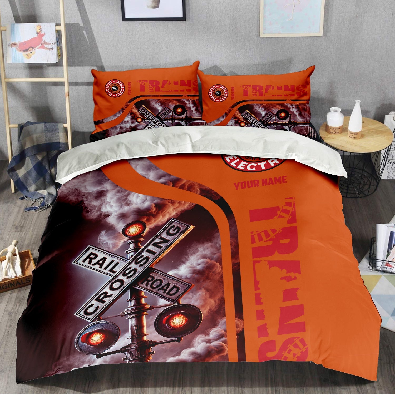 Railspirit Personalized Pacific Electric Railroad Bedding Set Railroad Crossing Sign Bedding Set All Over Print