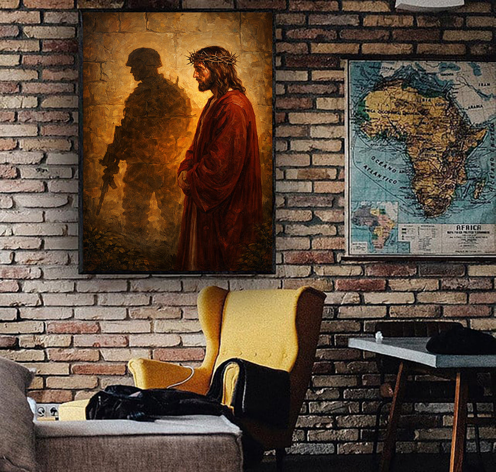Jesus and Soldier Canvas Wall Art, Christian Military Decor, Faith and Protection Artwork, Veteran Gift, Religious Wall Print
