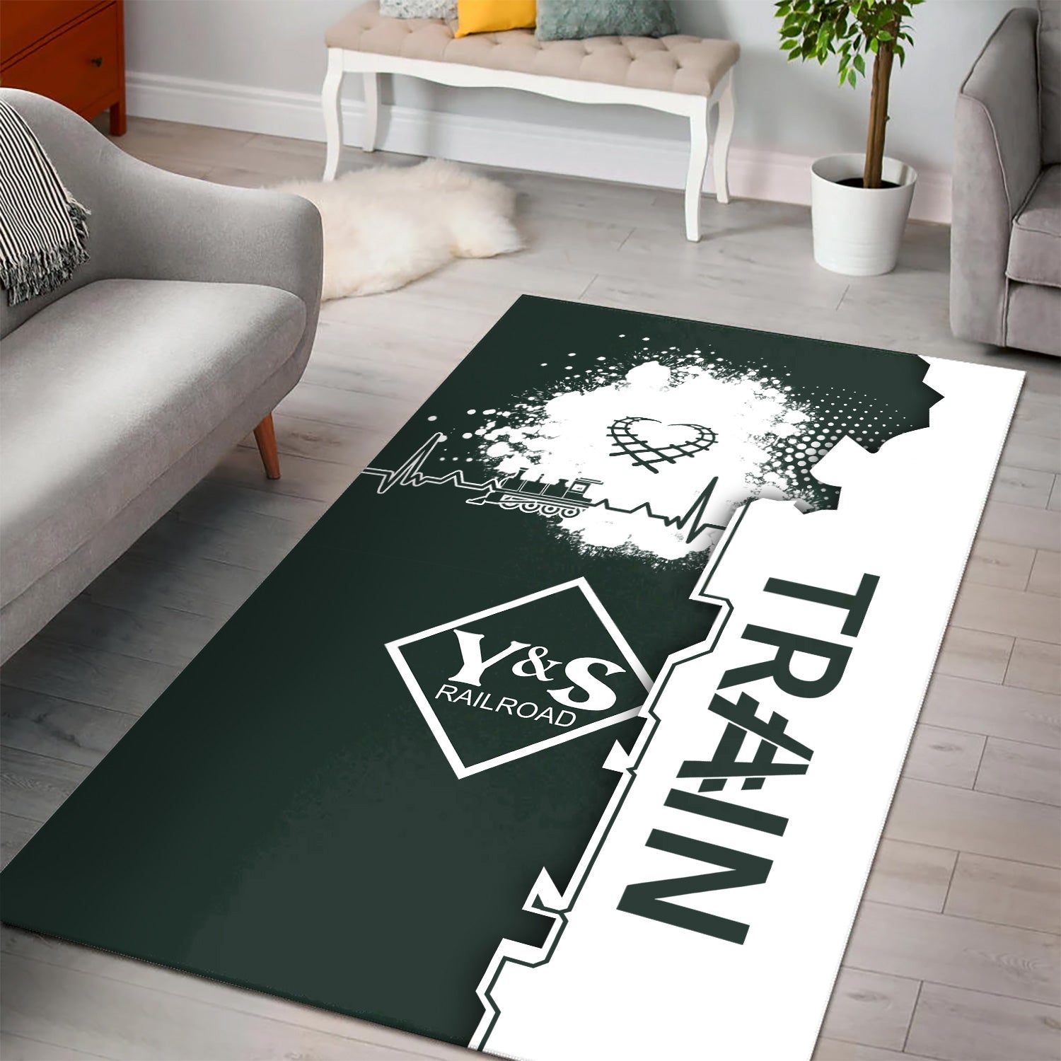 Railspirit Youngstown & Southern Railroad Area Rug Engine Heartbeat and Track Love Style Rug Gift Idea For Train Lovers
