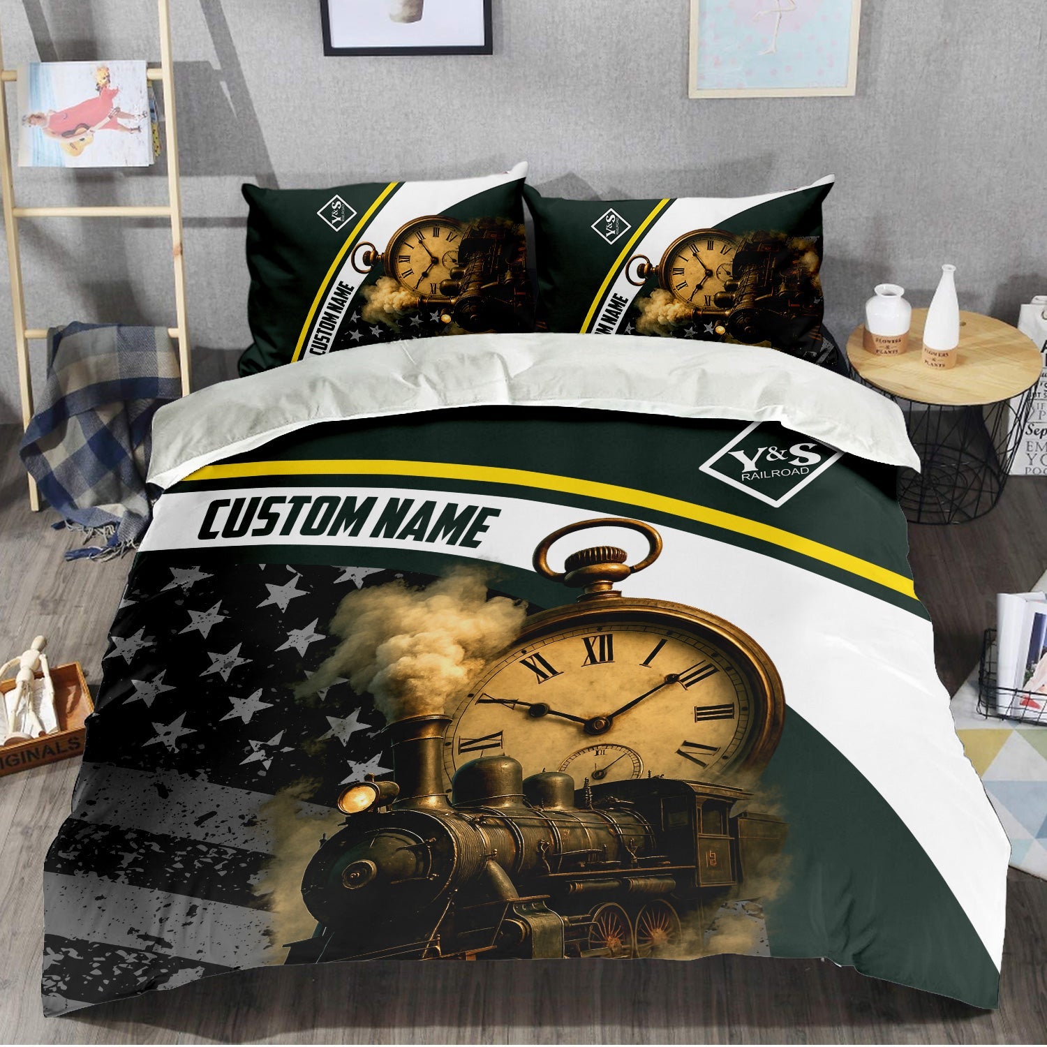 Railspirit Personalized Youngstown & Southern Railroad Bedding Set Classic Steam Engine With Retro Pocket Watch Bedding Set All Over Print