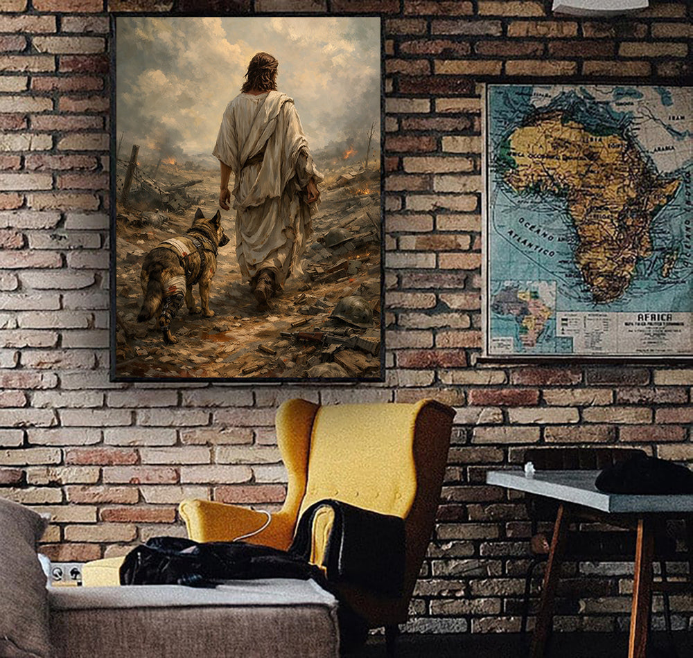 Jesus Walking with Military Dog Wall Art Canvas, Christian Veteran Canvas Print, Faith and Warrior Artwork, Patriotic Religious Decor, Soldier Tribute Gift