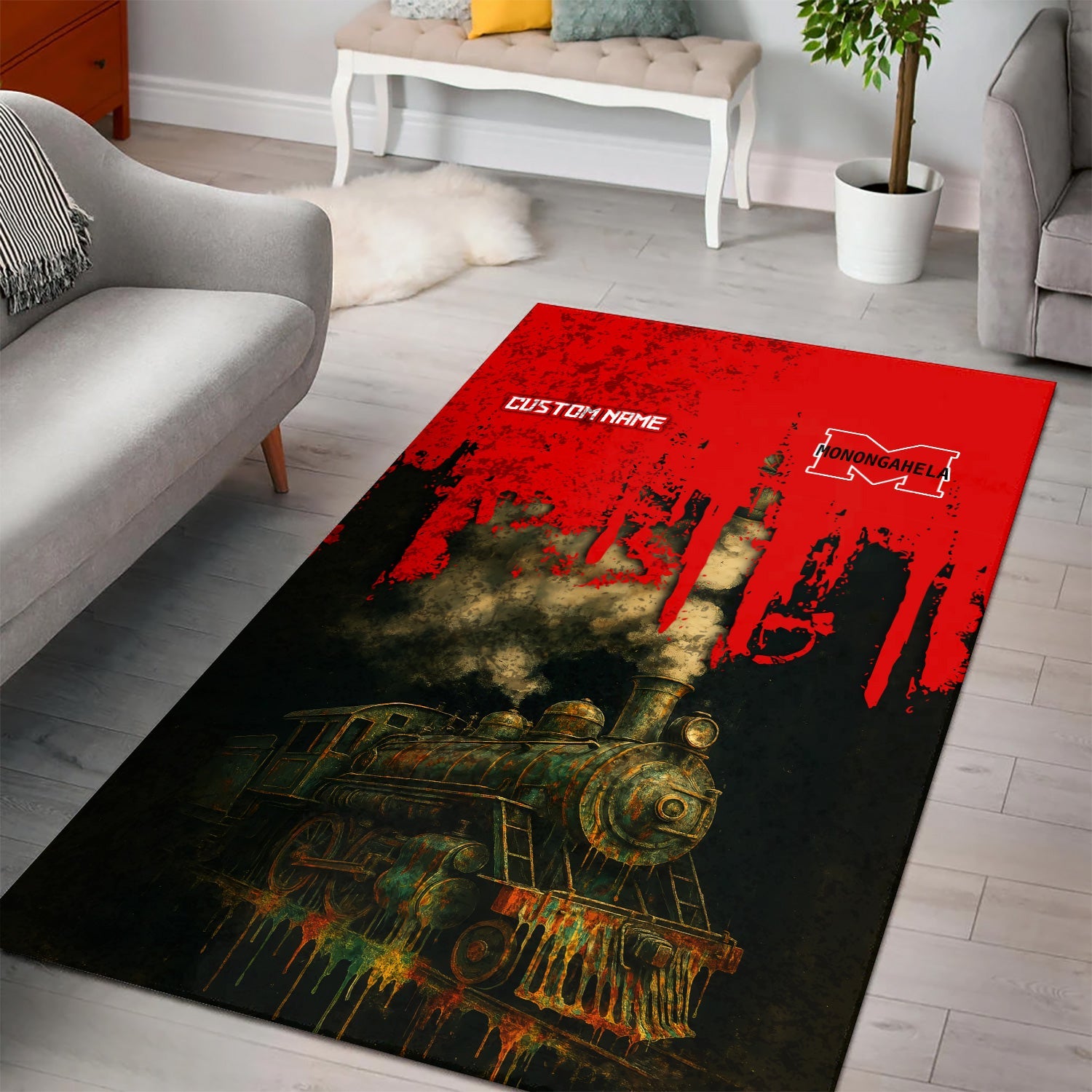 Railspirit Personalized Monongahela Railroad Area Rug Vintage Train Art Style Rug For Locomotive Fans