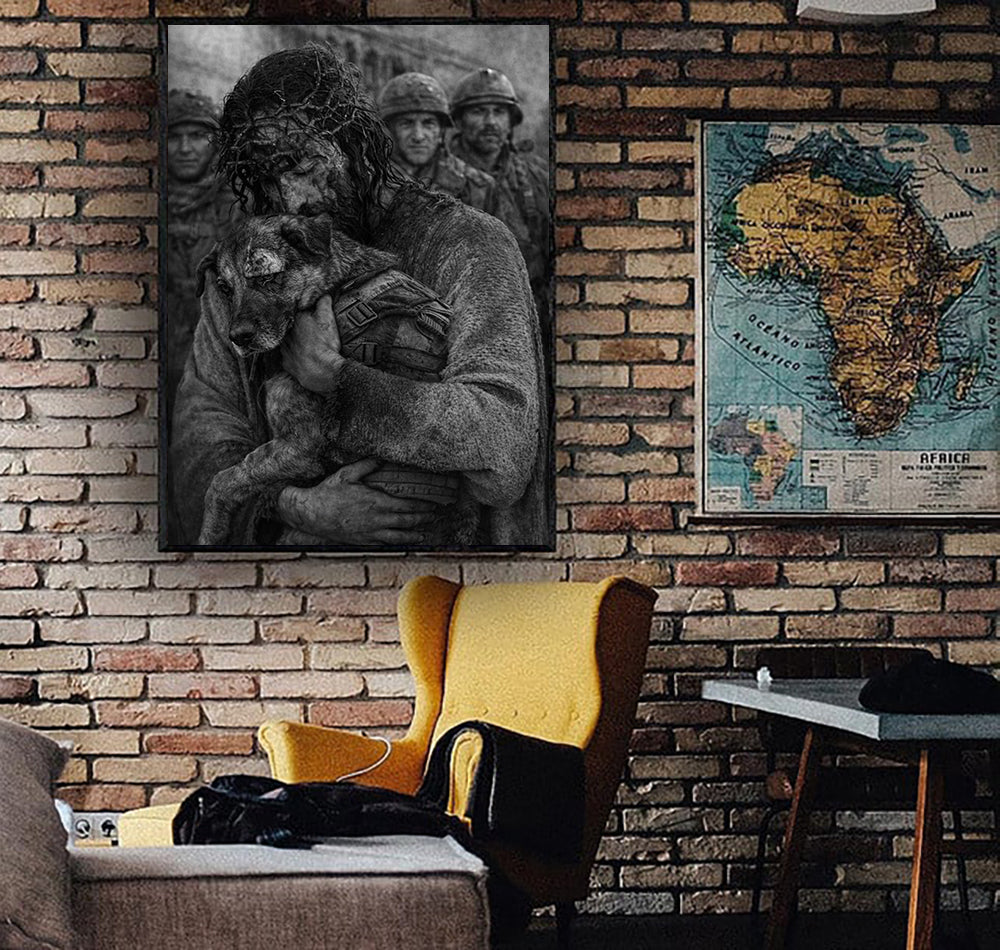 Christian Wall Art Canvas Print, Jesus Embracing Dog Poster, Religious Black White Canvas, Faith Based Gift For Home Decor