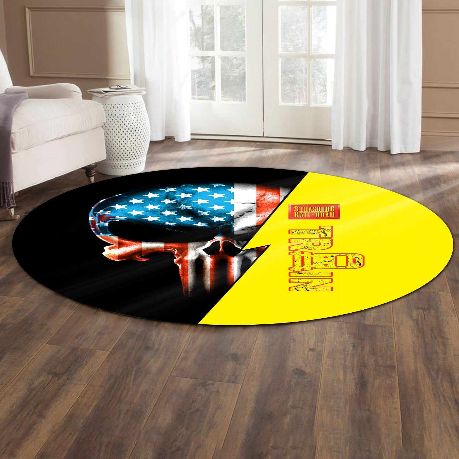 Railspirit Strasburg Railroad Round Mat Train Skull American Flag Style Rug All Over Print