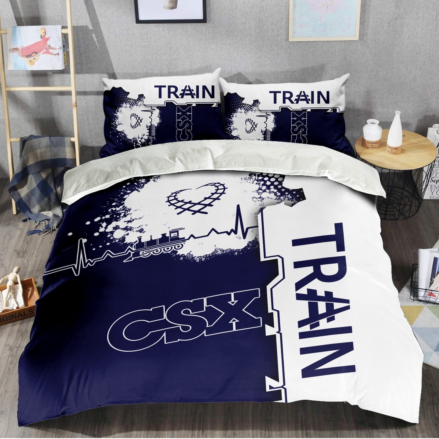 Railspirit CSX Transportation Railroad Bedding Set Engine Heartbeat and Track Love Style Bedding Set Gift Idea For Train Lovers