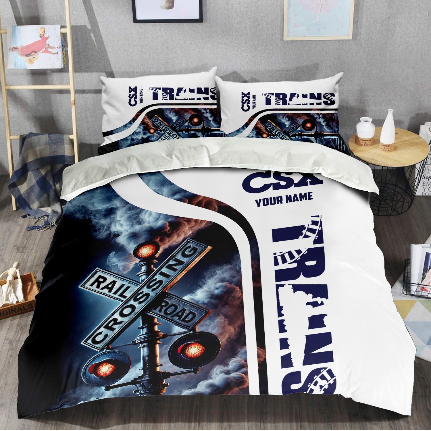 Railspirit Personalized CSX Transportation Railroad Bedding Set Railroad Crossing Sign Bedding Set All Over Print