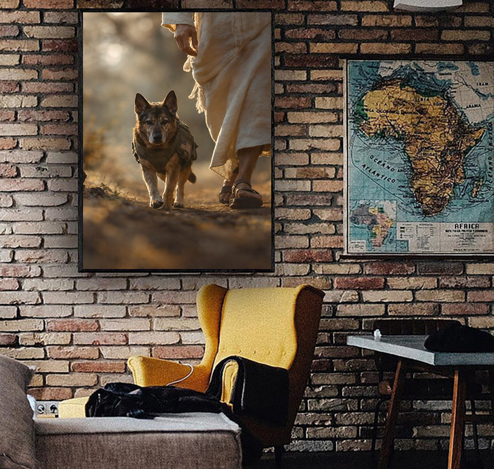 Jesus Walking With Dog Wall Art Canvas Print, Christian Home Decor, Faith Inspired Artwork, Religious Gift For Dog Lover, Spiritual Canvas Poster Living Room Decor