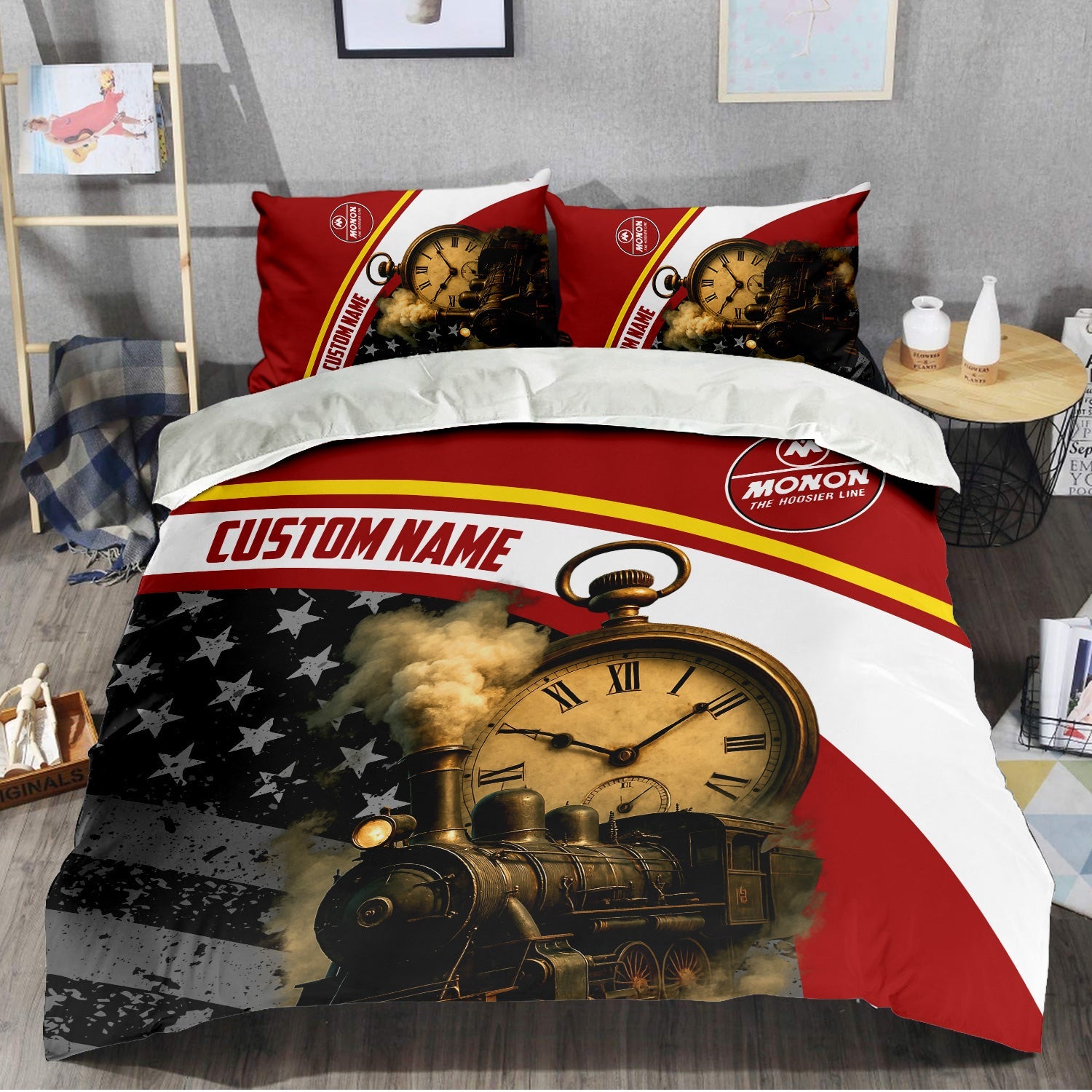 Railspirit Personalized Monon Railroad Bedding Set Classic Steam Engine With Retro Pocket Watch Bedding Set All Over Print