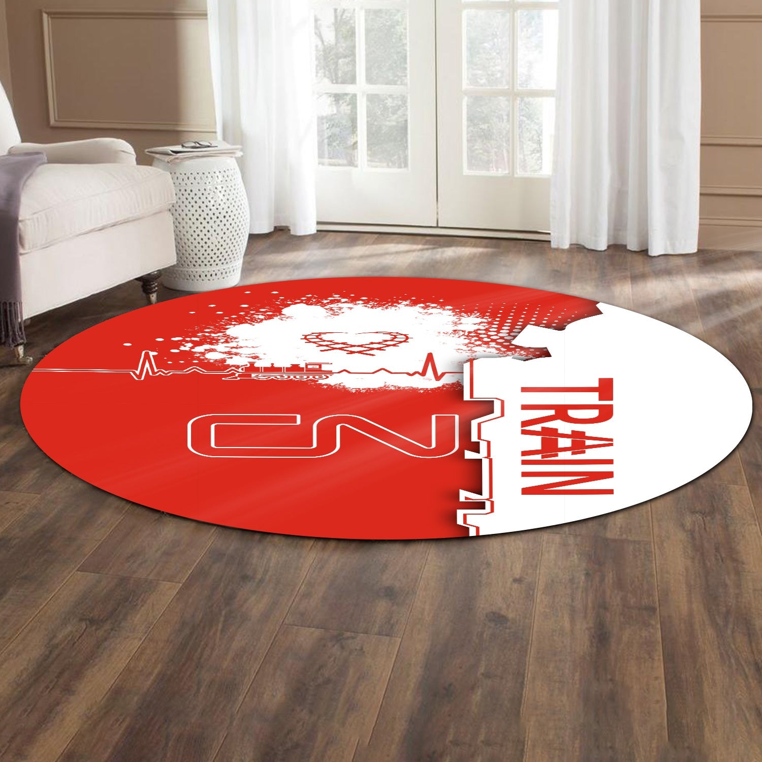 Railspirit Canadian National Railroad Round Mat Engine Heartbeat and Track Love Style Mat Gift Idea For Train Lovers