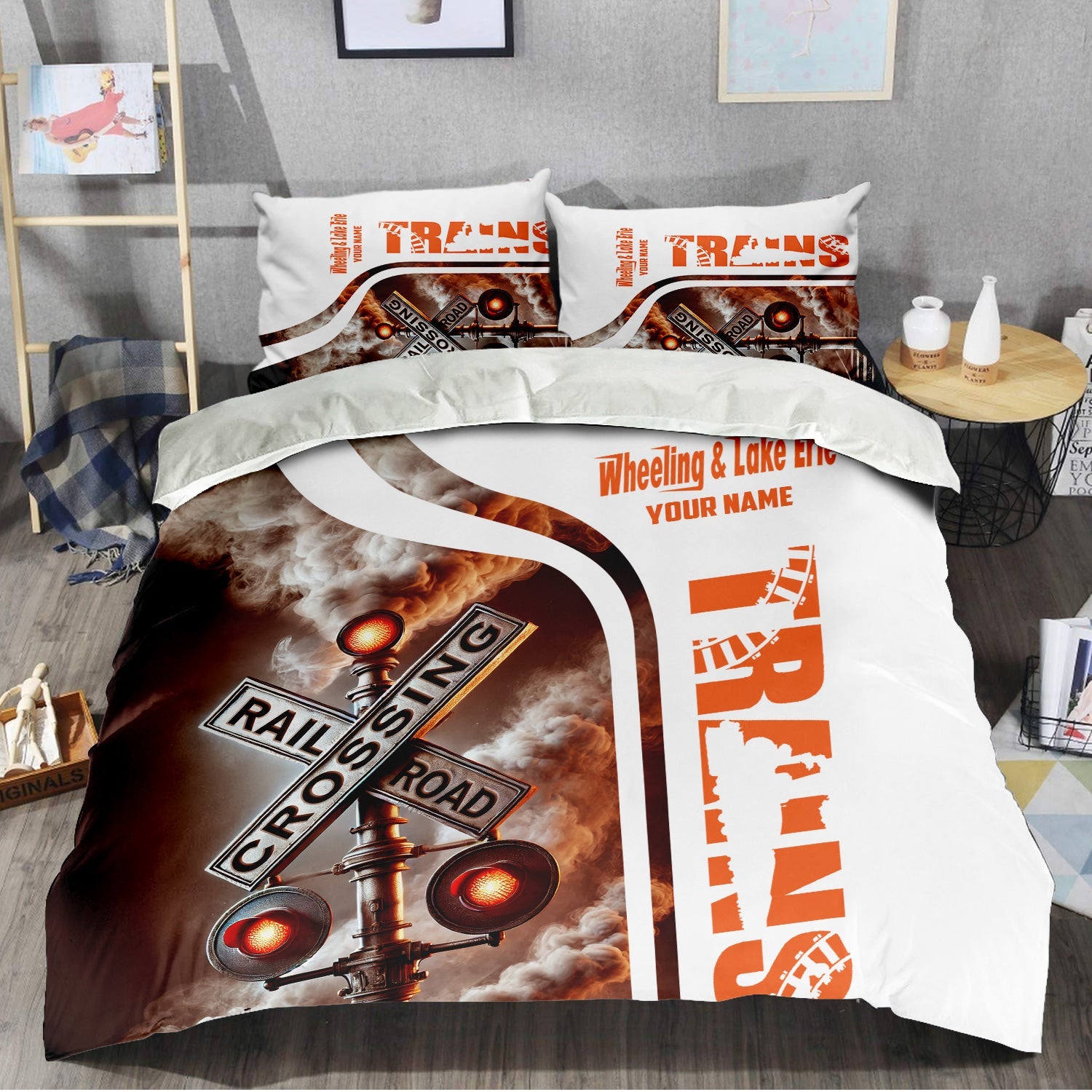 Railspirit Personalized Wheeling And Lake Erie Railroad Bedding Set Railroad Crossing Sign Bedding Set All Over Print