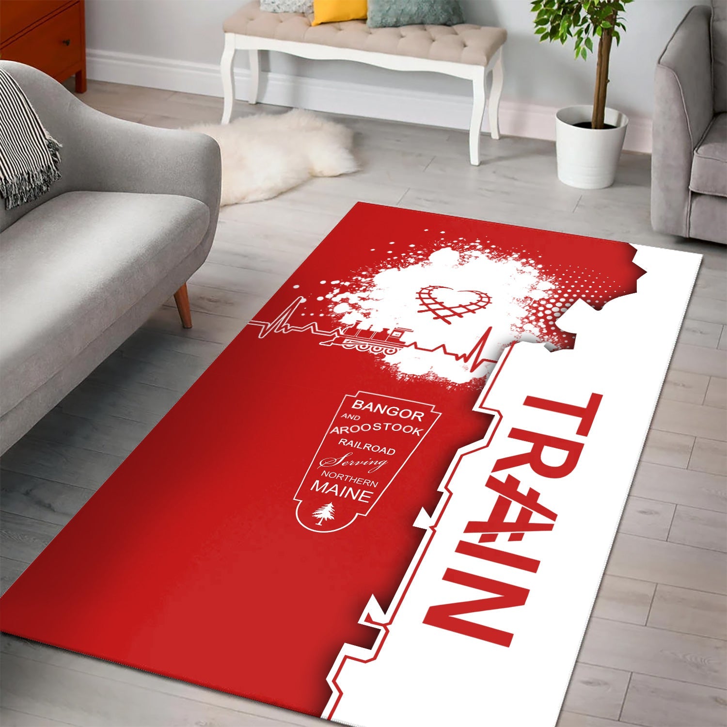 Railspirit Bangor And Aroostook Railroad Area Rug Engine Heartbeat and Track Love Style Rug Gift Idea For Train Lovers