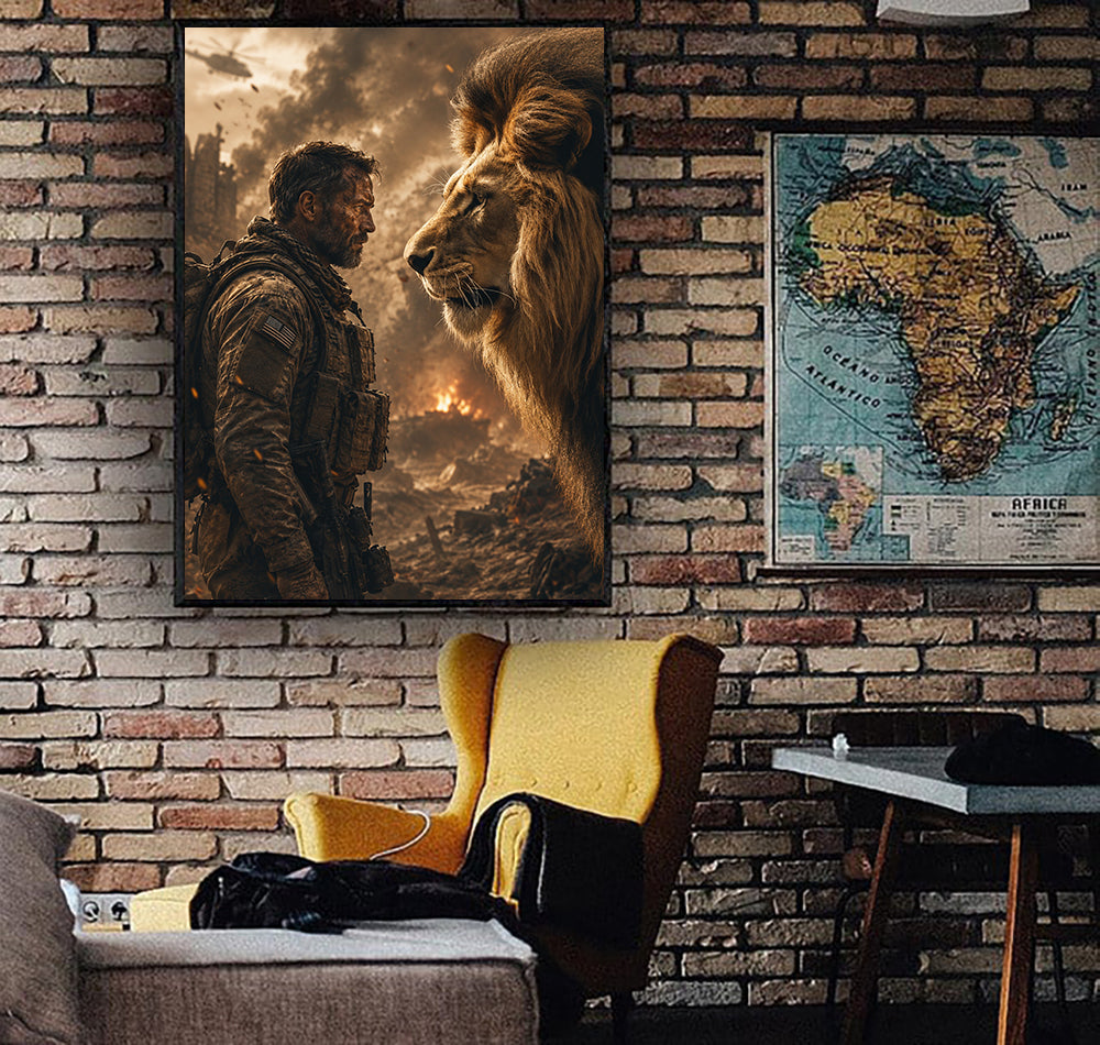 Lion Soldier Printed Canvas, Father’s Day Gift for Dad, Military Wall Art Decor with Veteran Warrior and Lion Face Design