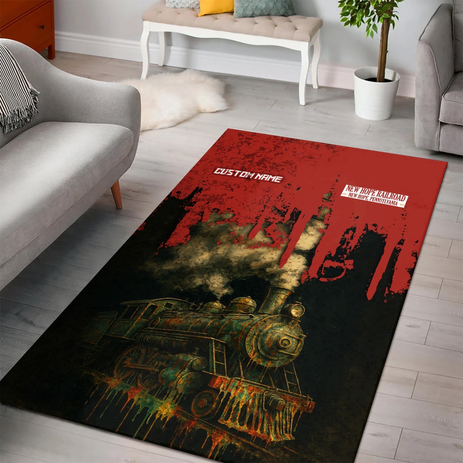 Railspirit Personalized New Hope Railroad Area Rug Vintage Train Art Style Rug For Locomotive Fans