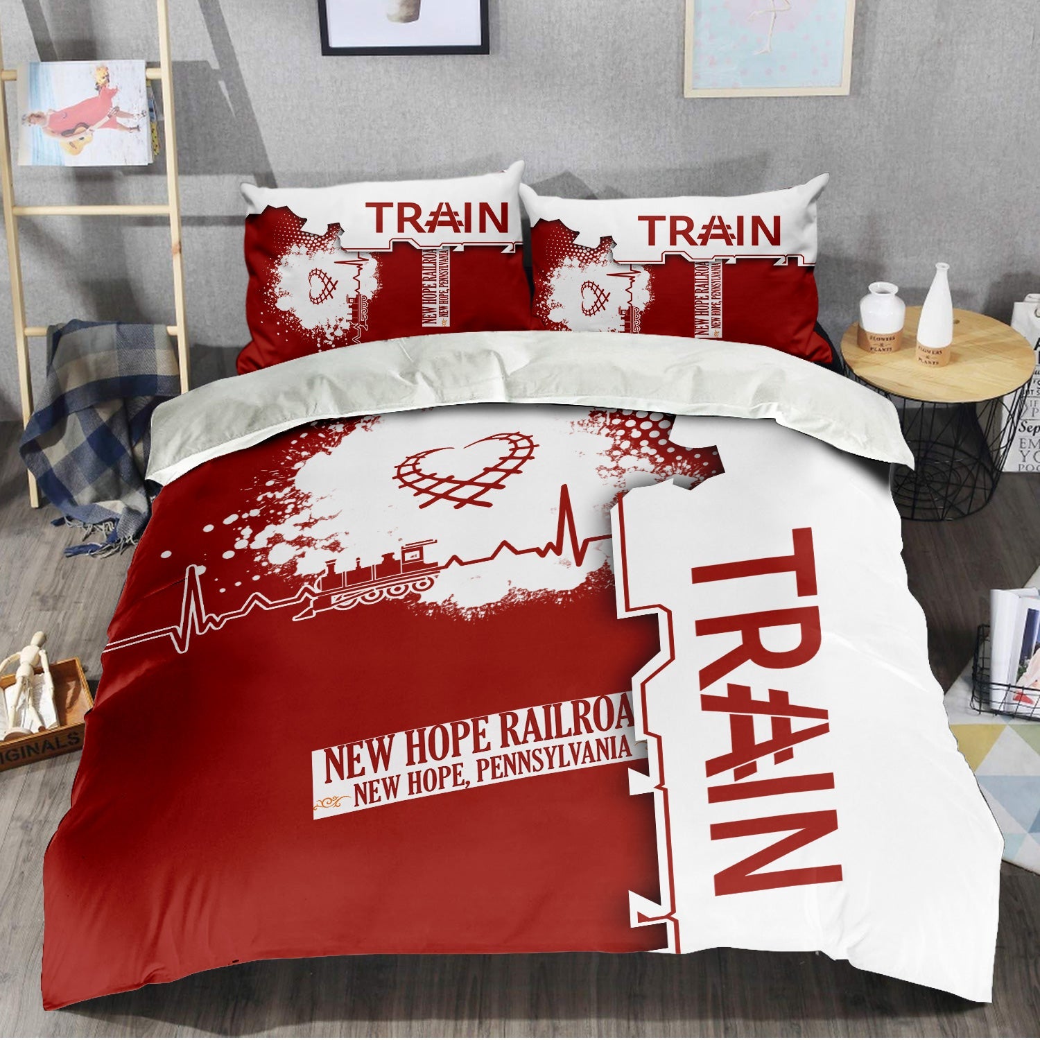 Railspirit New Hope Railroad Bedding Set Engine Heartbeat and Track Love Style Bedding Set Gift Idea For Train Lovers