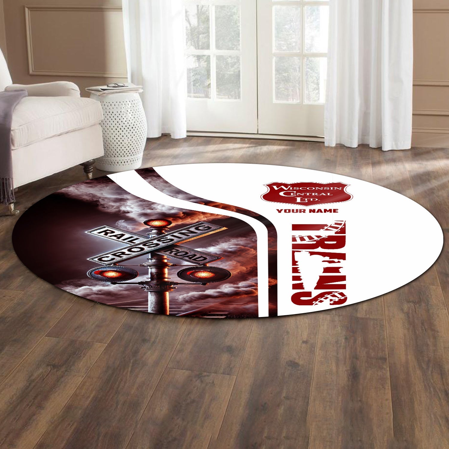 Railspirit Personalized Wisconsin Central Ltd Railroad Round Mat Railroad Crossing Sign Mat All Over Print