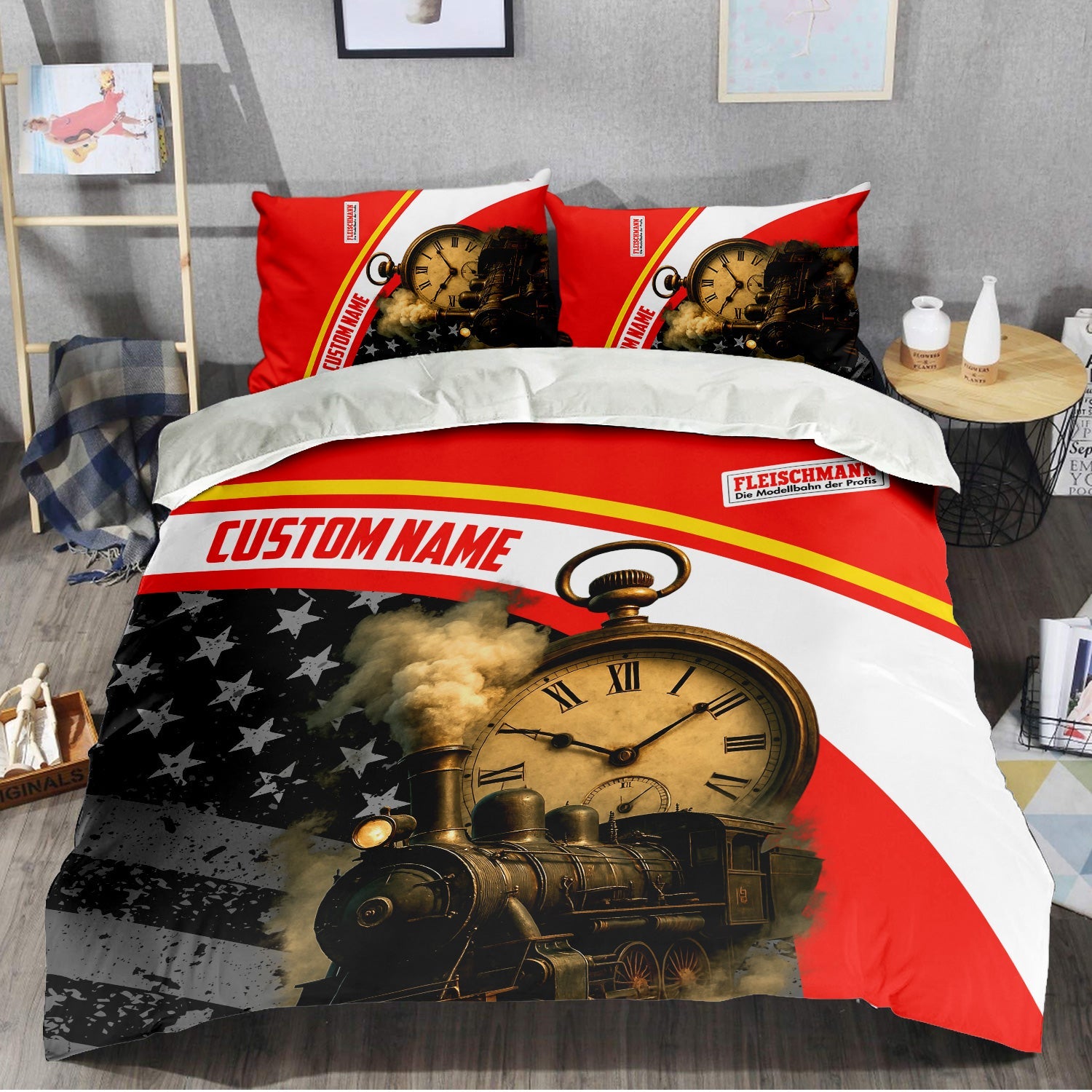 Railspirit Personalized Fleischmann And Western Railroad Bedding Set Classic Steam Engine With Retro Pocket Watch Bedding Set All Over Print