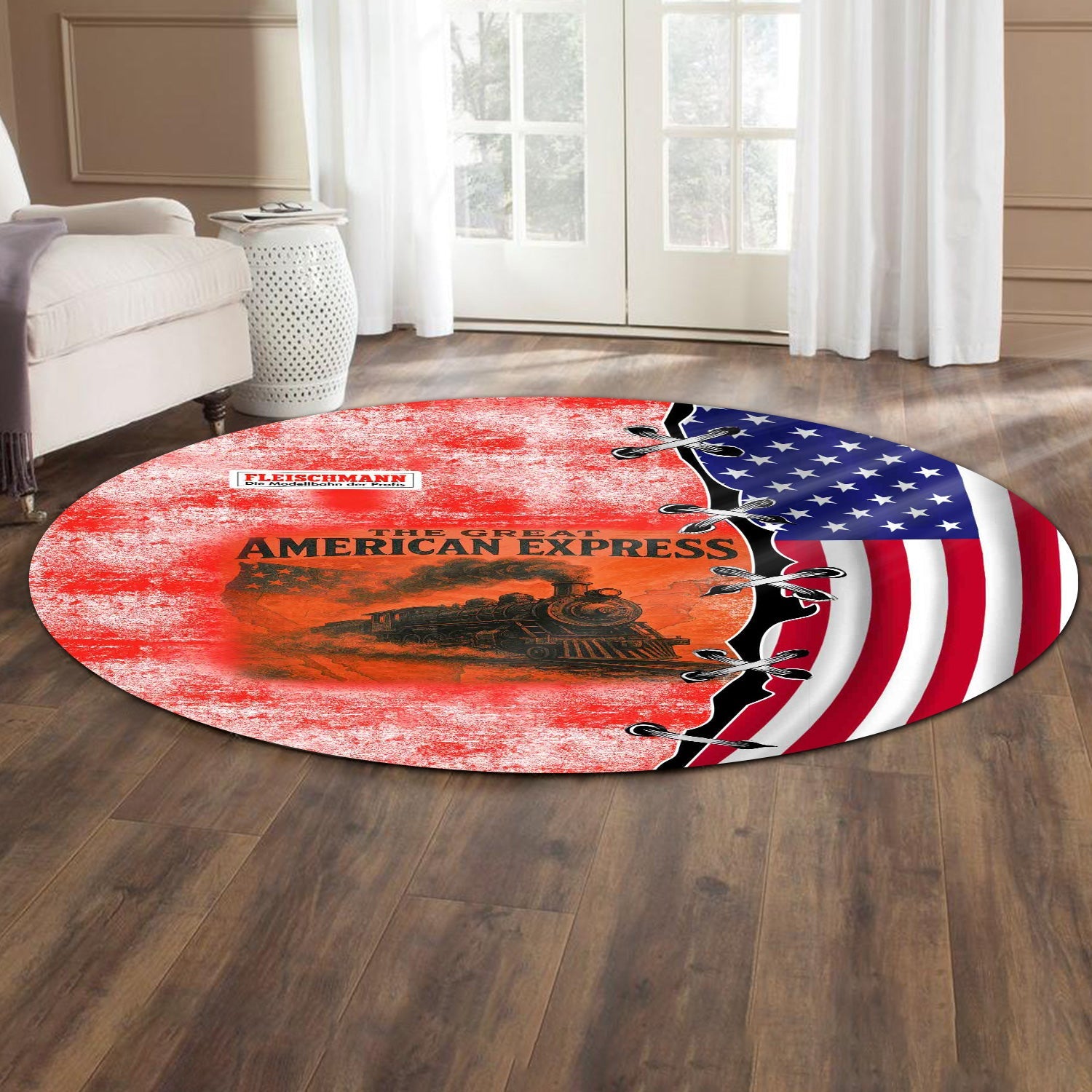 Railspirit Fleischmann And Western Railroad Round Mat Retro American Express Train With USA Flag Round Mat
