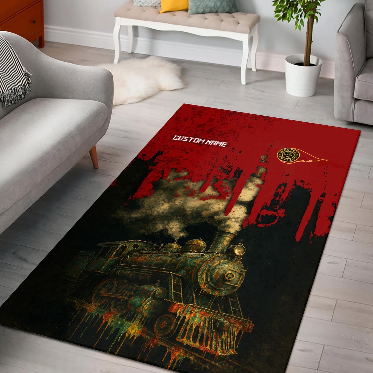 Railspirit Personalized Western Maryland Railway Area Rug Vintage Train Art Style Rug For Locomotive Fans