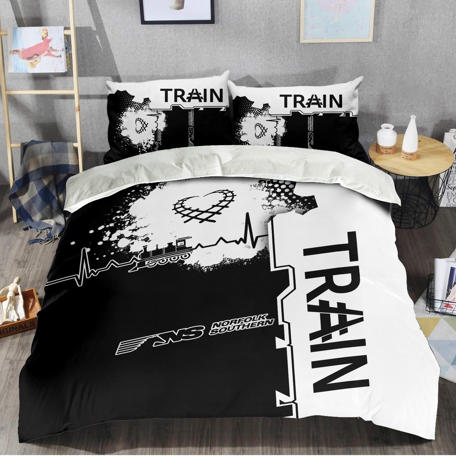 Railspirit Norfolk Southern Railway Bedding Set Engine Heartbeat and Track Love Style Bedding Set Gift Idea For Train Lovers