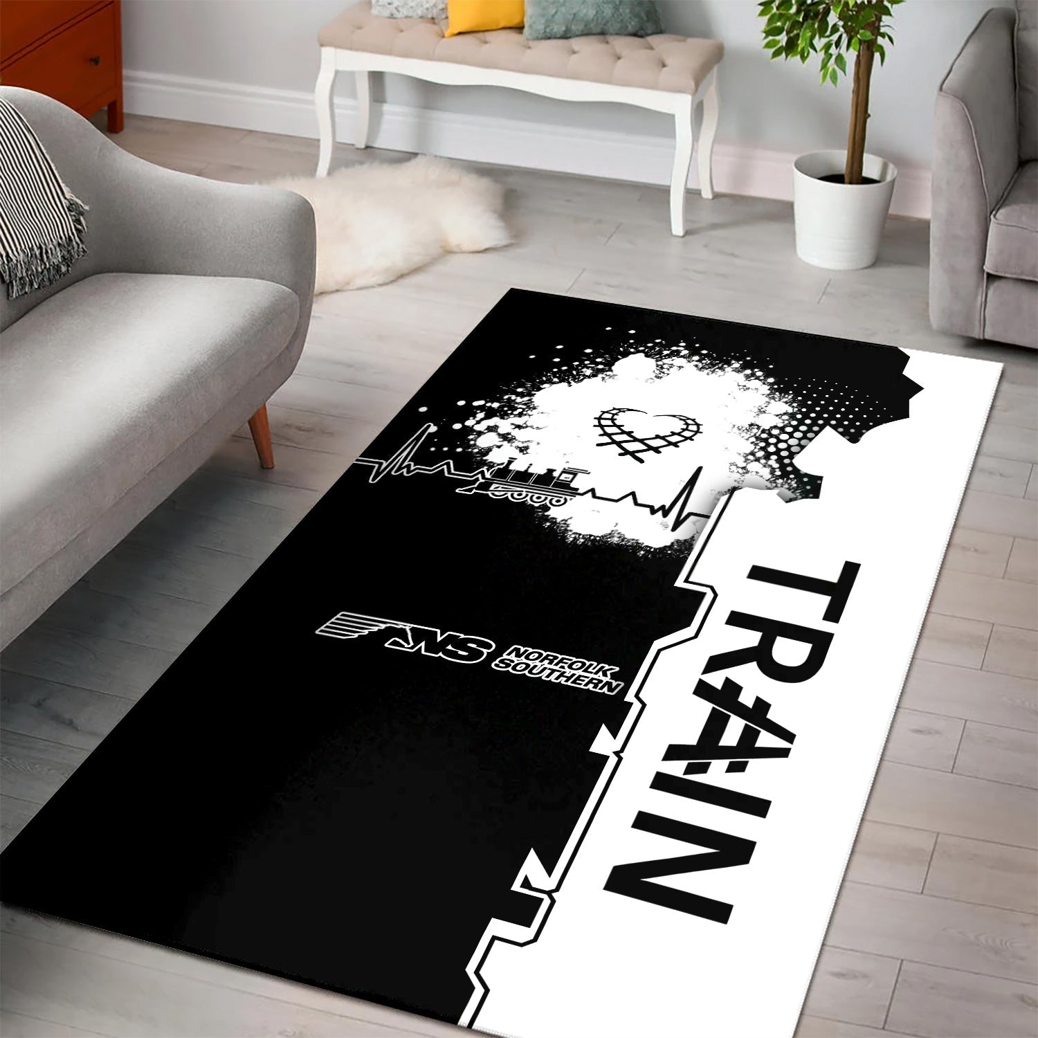 Railspirit Norfolk Southern Railway Area Rug Engine Heartbeat and Track Love Style Rug Gift Idea For Train Lovers