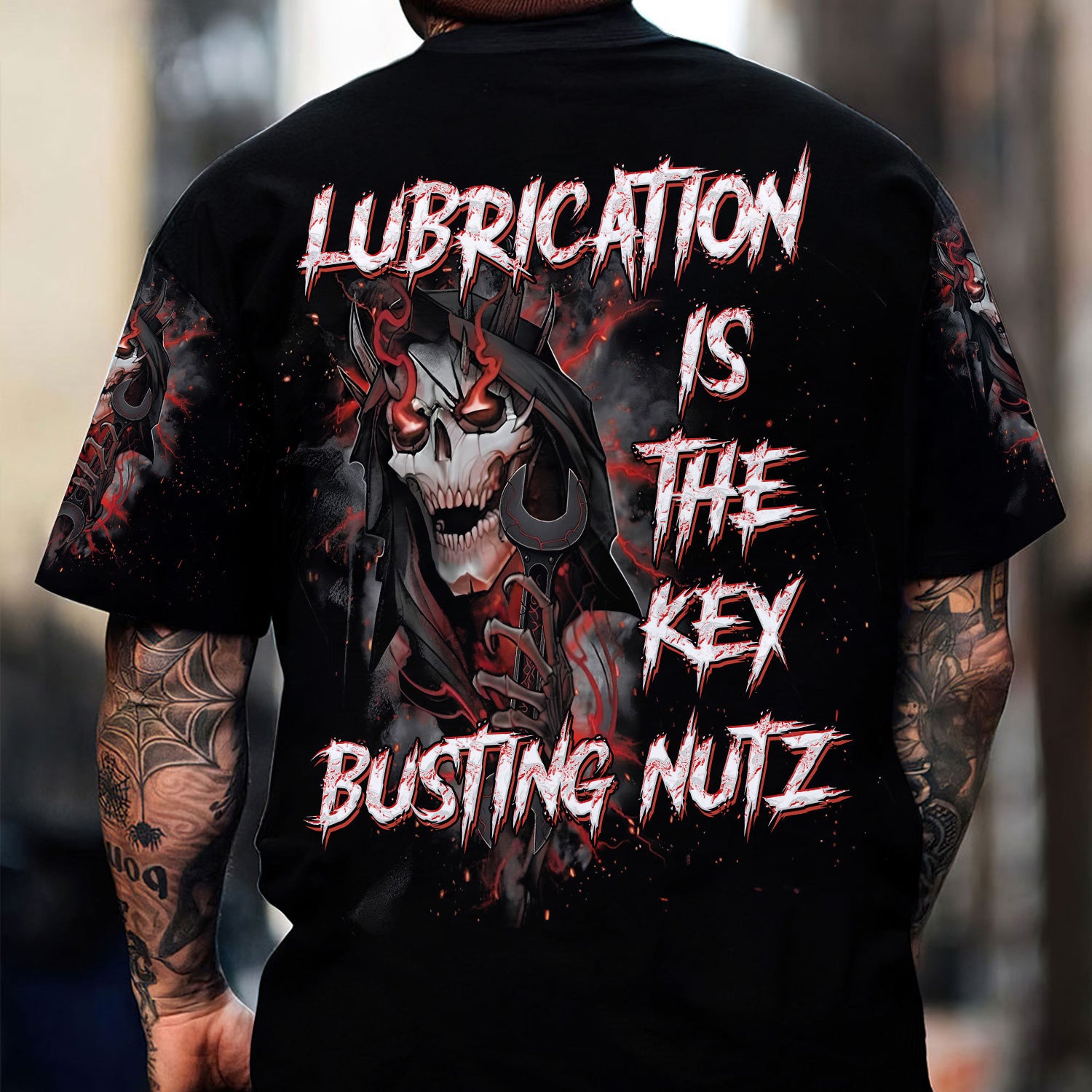 Grim Reaper Skull Lubrication Is the Key Graphic Print T-Shirt, Bold Dark Motorcycle Mechanic Humor Tee for Men, Bomber Jacket Gift