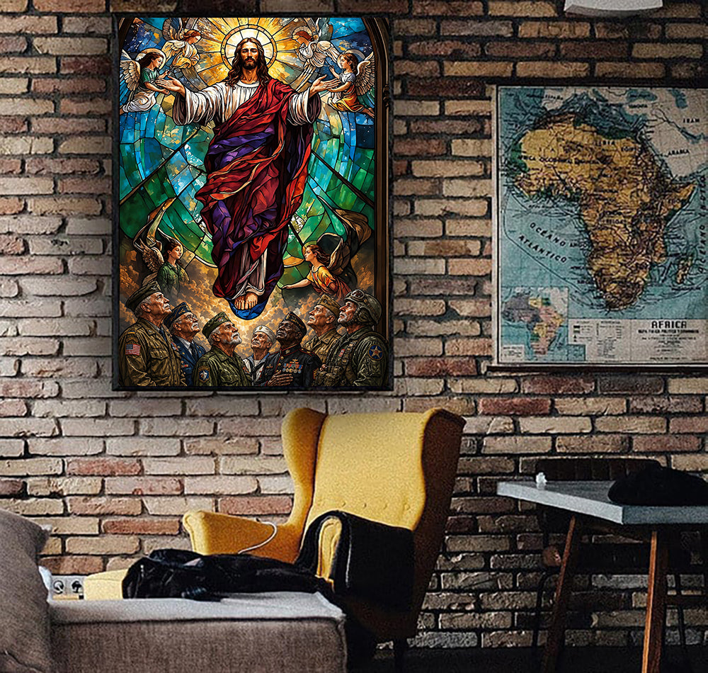 Jesus Christ Veterans Canvas Wall Art, Christian Military Wall Art Printed, Religious Gift for Veteran Dad, Father’s Day Gift, Patriotic For Veteran
