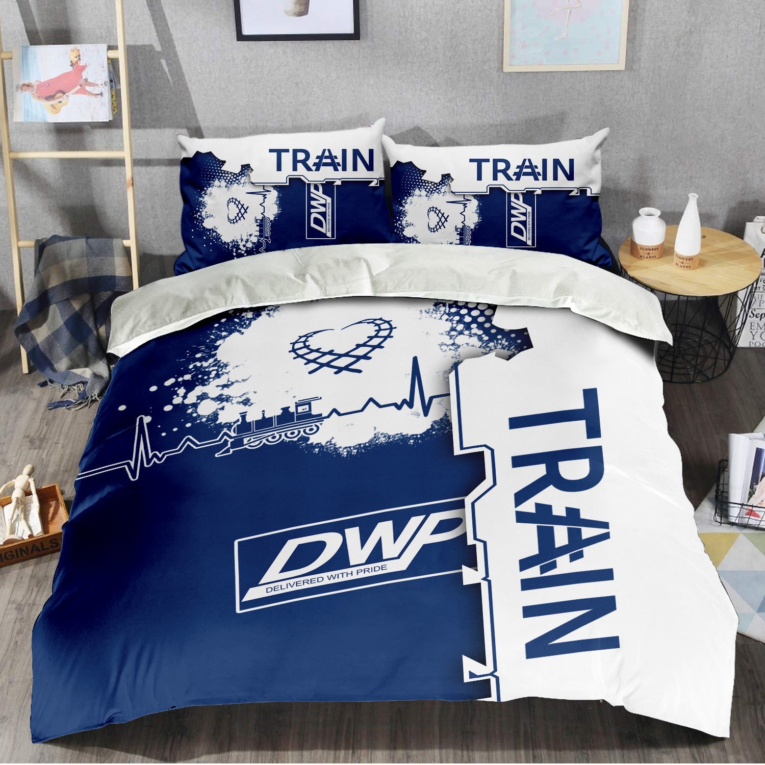 Railspirit Duluth, Winnipeg and Pacific Railway Bedding Set Engine Heartbeat and Track Love Style Bedding Set Gift Idea For Train Lovers