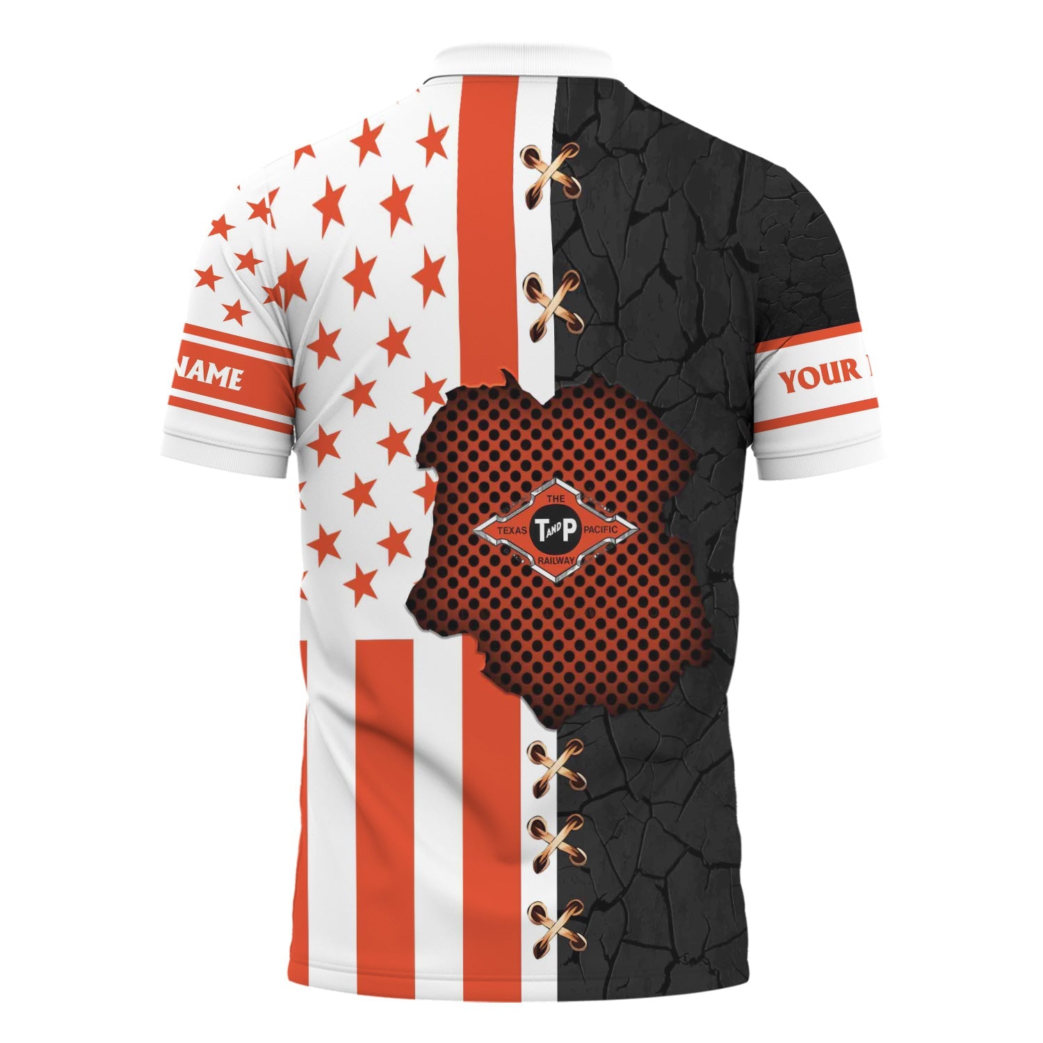 Railspirit Personalized Texas and Pacific Railway Polo Shirt American Flag with Crack Effect Train Shirt