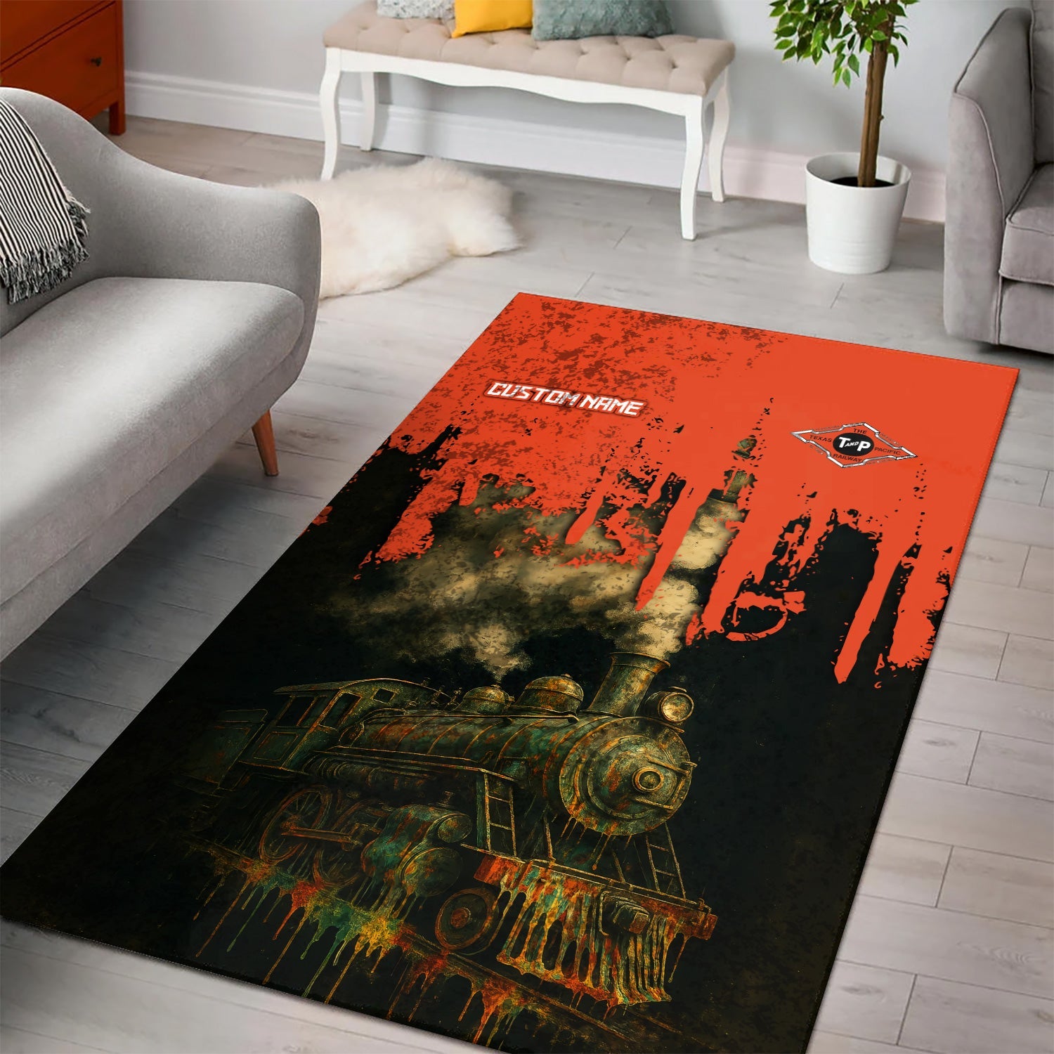 Railspirit Personalized Texas and Pacific Railway Area Rug Vintage Train Art Style Rug For Locomotive Fans