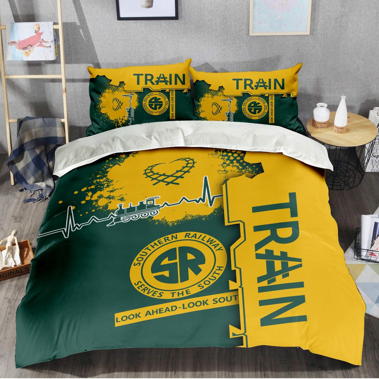 Railspirit Southern Railway U.S Bedding Set Engine Heartbeat and Track Love Style SOU Bedding Set Gift Idea For Train Lovers