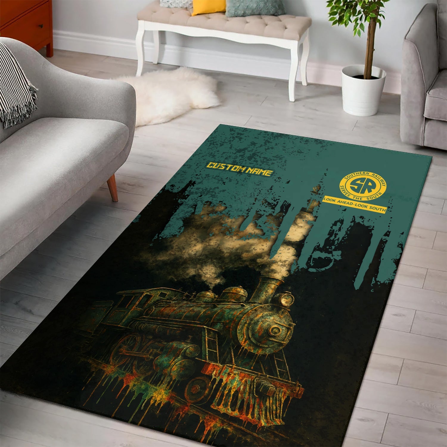 Railspirit Personalized Southern Railway U.S Area Rug Vintage Train Art Style SOU Rug For Locomotive Fans