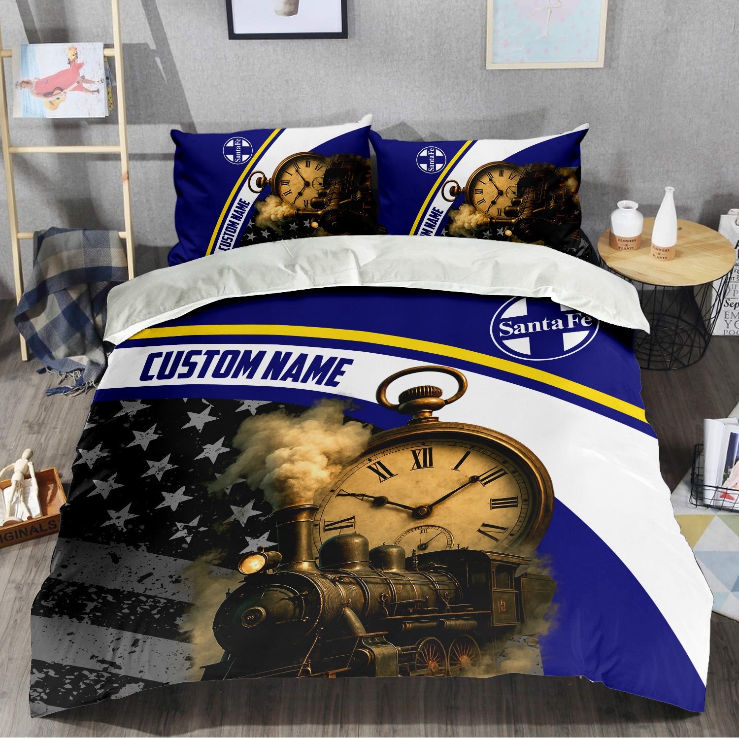 Railspirit Personalized Santa Fe Railway Bedding Set Classic Steam Engine With Retro Pocket Watch Atchison, Topeka and Santa Fe Railway Bedding Set