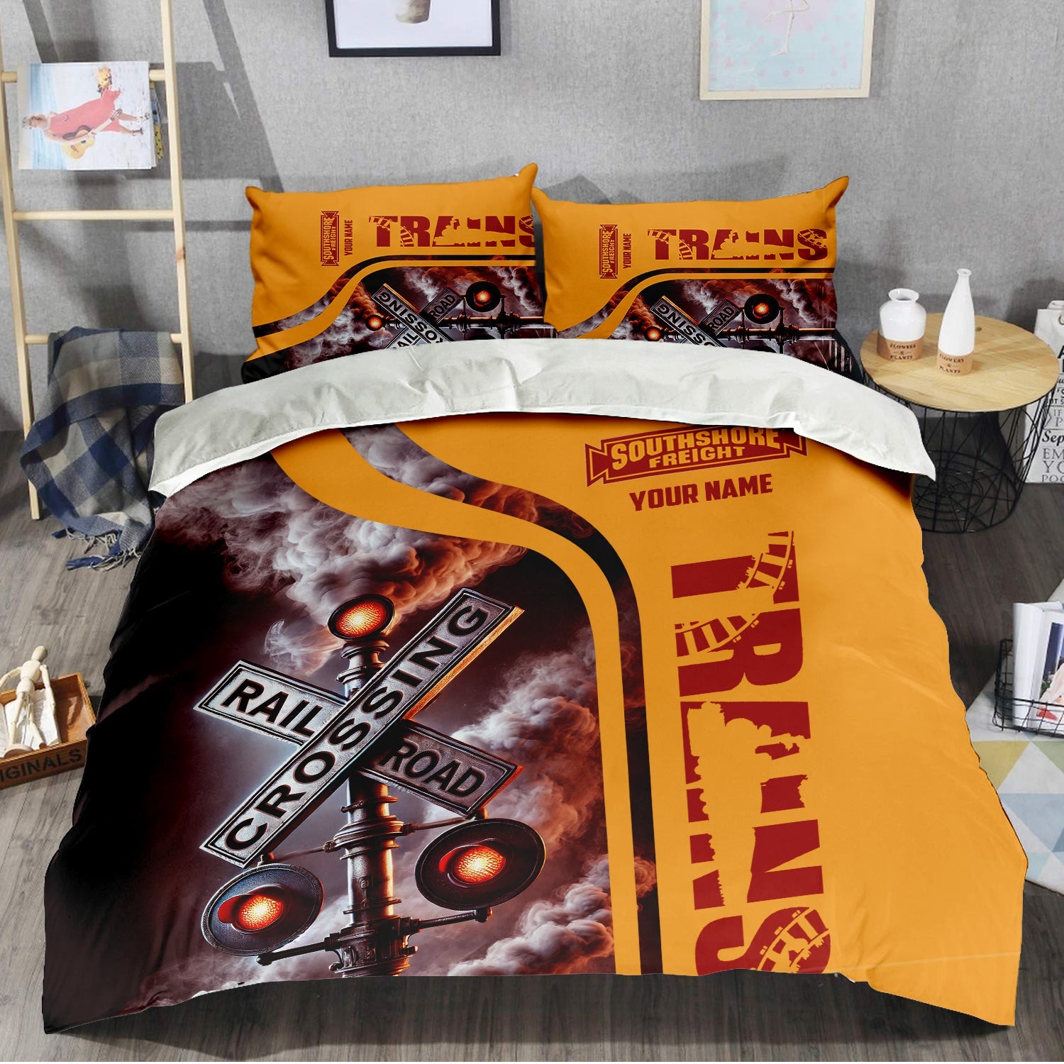 Railspirit Personalized Chicago South Shore and South Bend Railroad Bedding Set Railroad Crossing Sign Bedding Set All Over Print