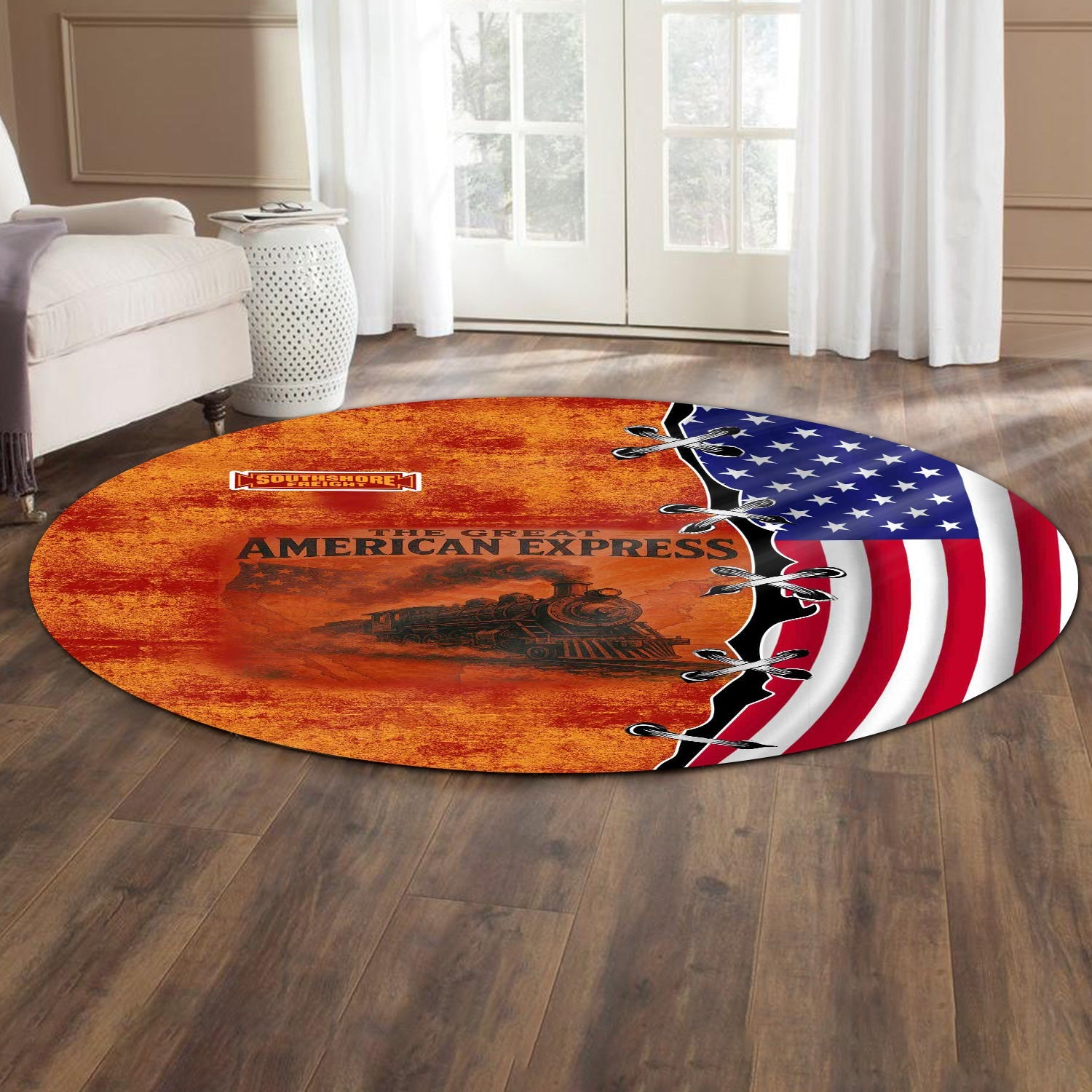Railspirit Chicago South Shore and South Bend Railroad Round Mat Retro American Express Train With USA Flag Round Mat