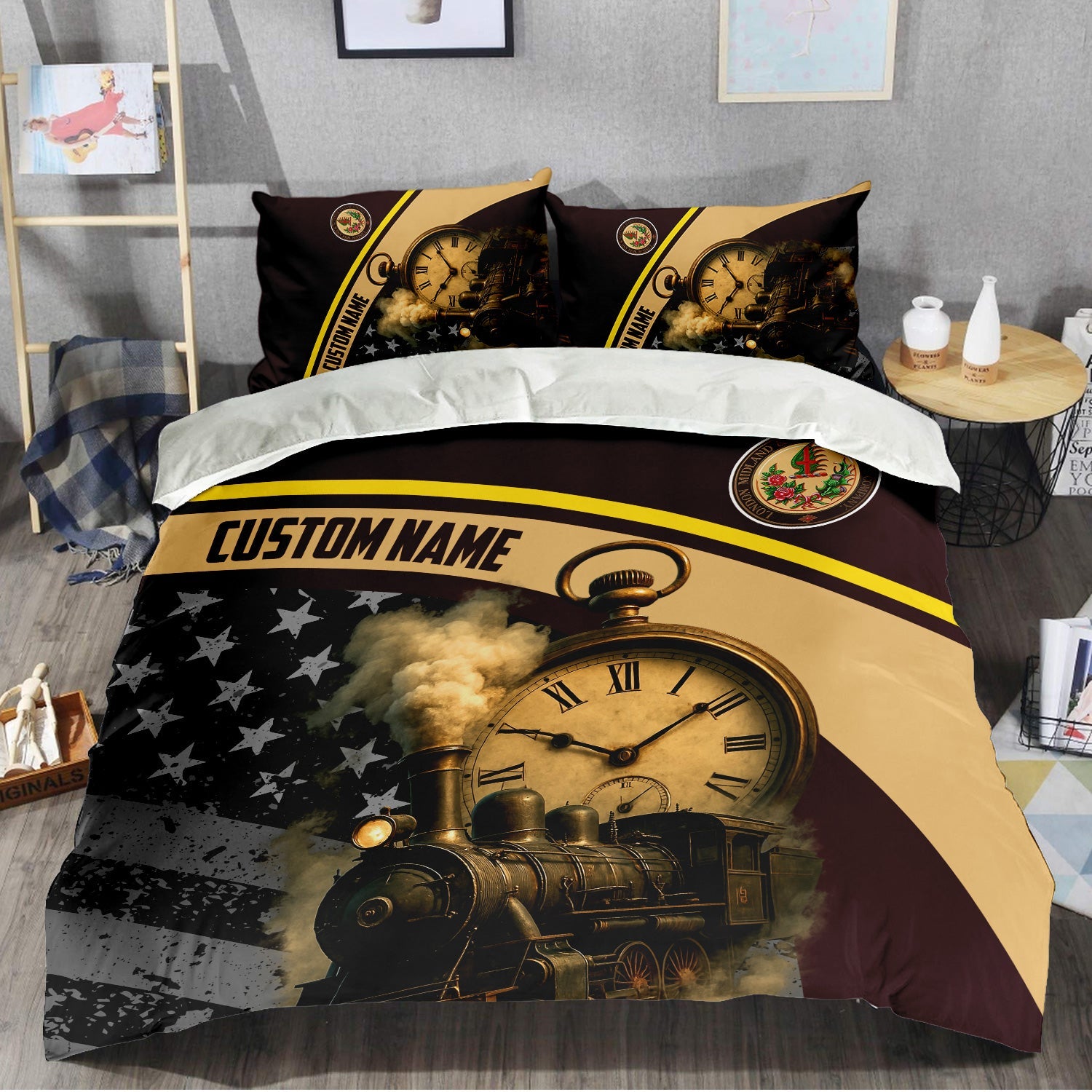 Railspirit Personalized London, Midland and Scottish Railway Bedding Set Classic Steam Engine With Retro Pocket Watch Bedding Set All Over Print