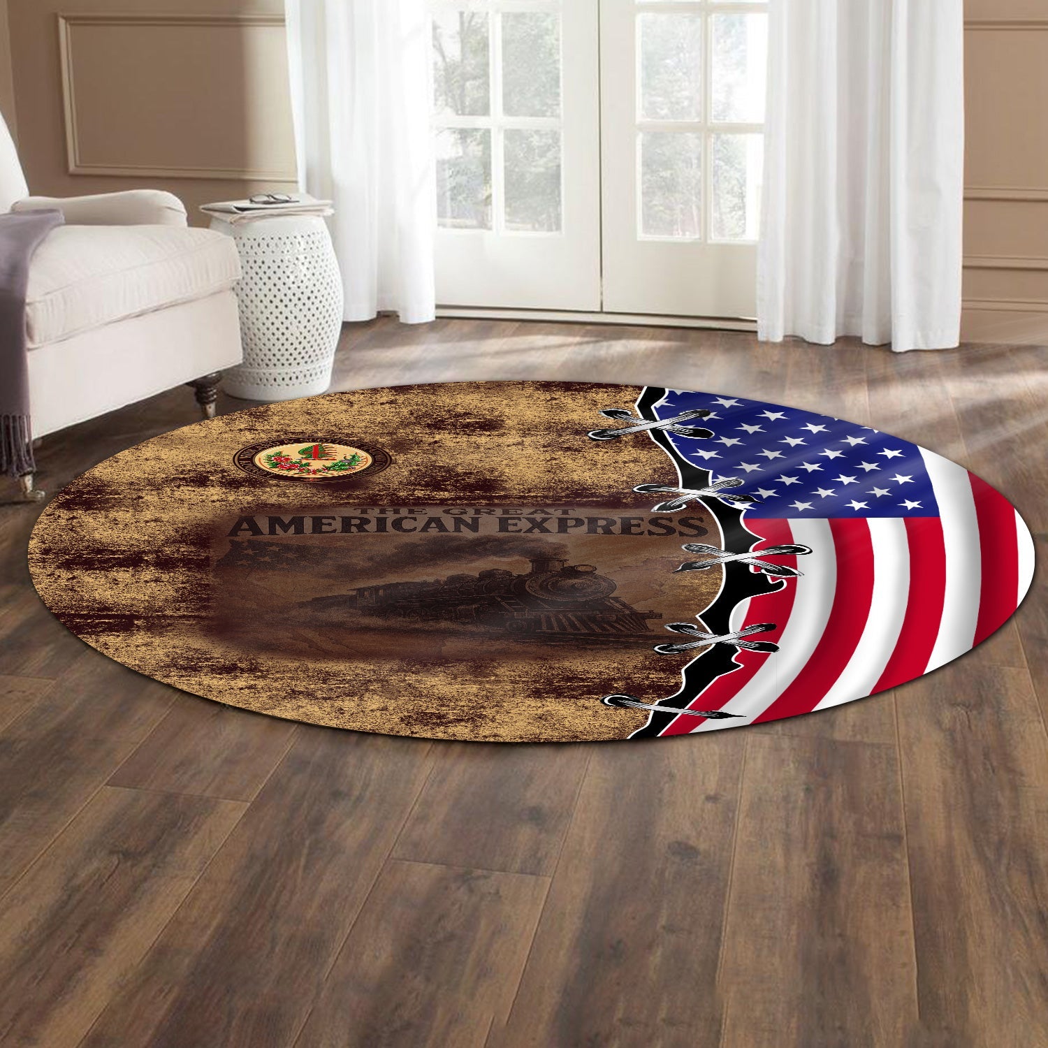Railspirit London, Midland and Scottish Railway Round Mat Retro American Express Train With USA Flag Round Mat