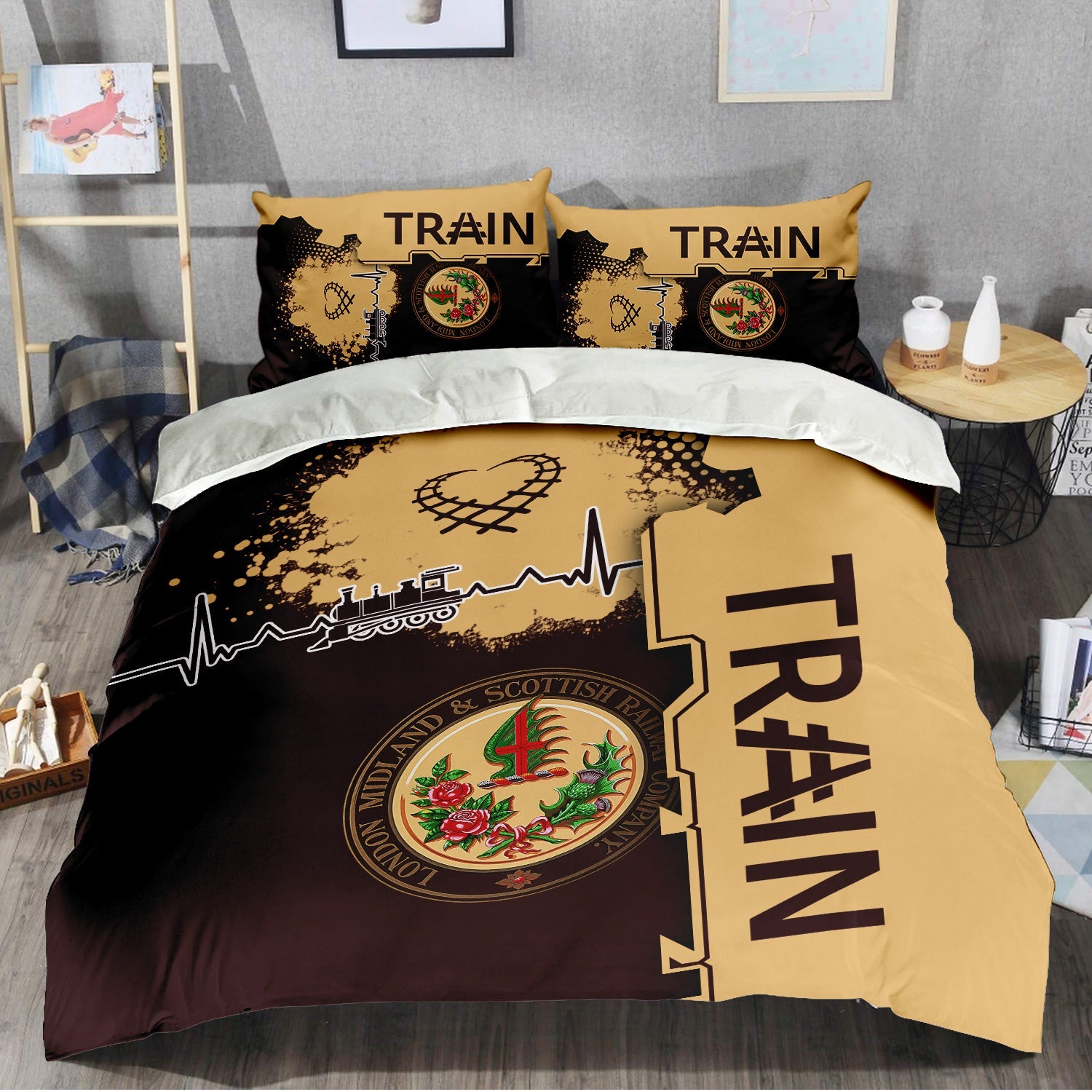 Railspirit London, Midland and Scottish Railway Bedding Set Engine Heartbeat and Track Love Style Bedding Set Gift Idea For Train Lovers