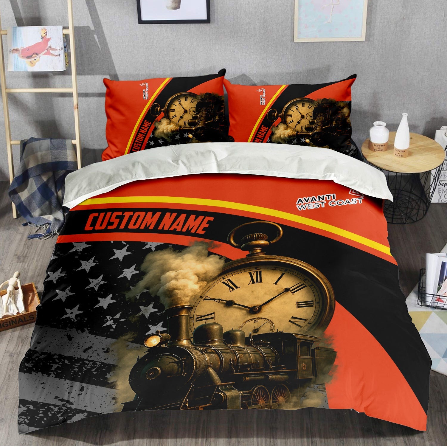 Railspirit Personalized Avanti West Coast Bedding Set Classic Steam Engine With Retro Pocket Watch Bedding Set All Over Print