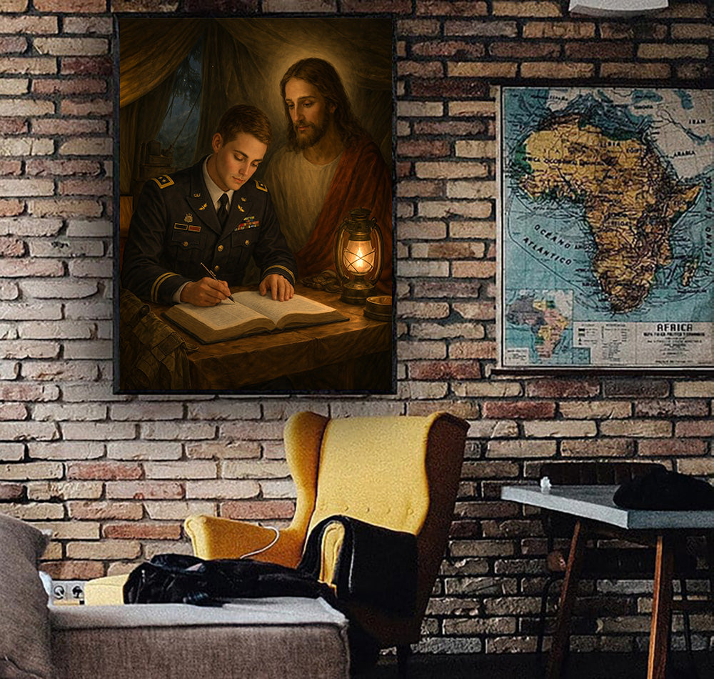 Jesus with Soldier Wall Art Canvas, Christian Military Prayer Artwork, Faith and Veteran Decor, Religious Soldier Painting Print, Patriotic Christian Gift