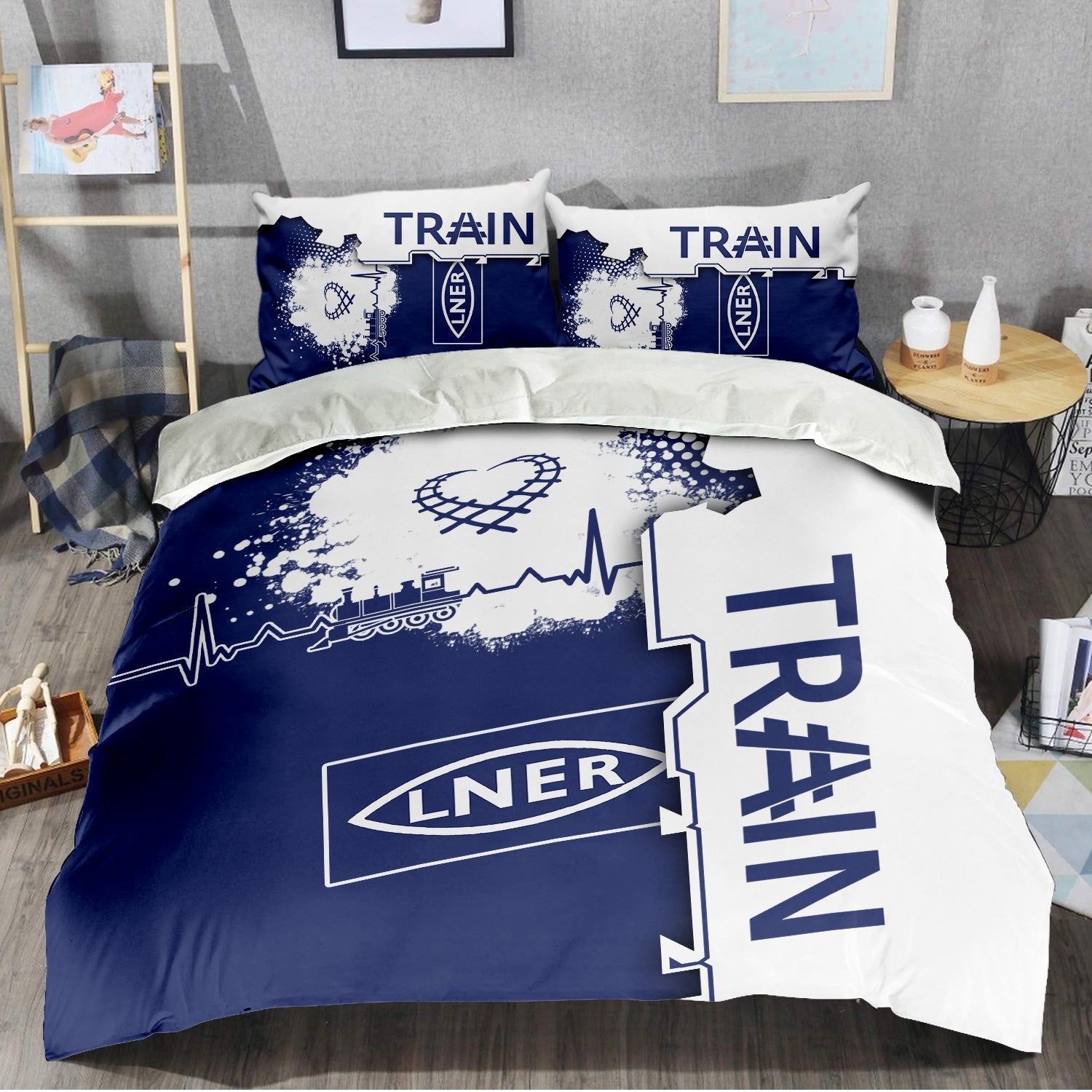 Railspirit London and North Eastern Railway Bedding Set Engine Heartbeat and Track Love Style Bedding Set Gift Idea For Train Lovers