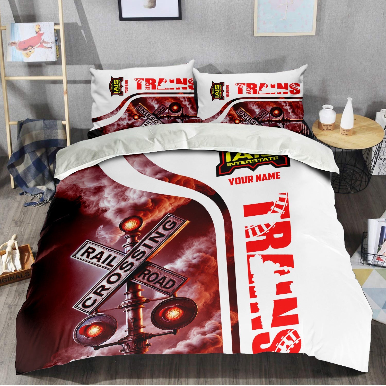 Railspirit Personalized Iowa Interstate Railroad Bedding Set Railroad Crossing Sign IAIS Bedding Set All Over Print