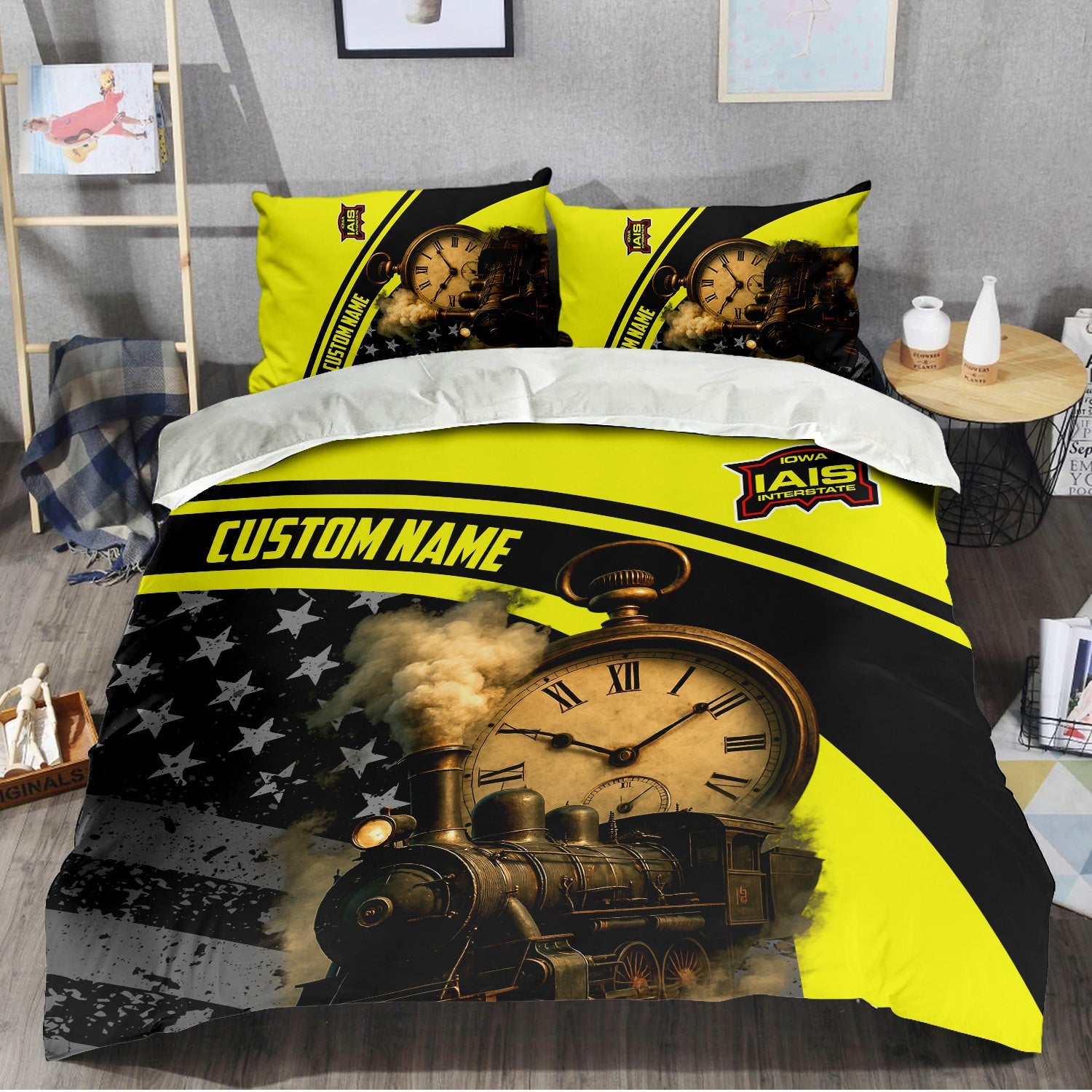 Railspirit Personalized Iowa Interstate Railroad Bedding Set Classic Steam Engine With Retro Pocket Watch IAIS Bedding Set All Over Print