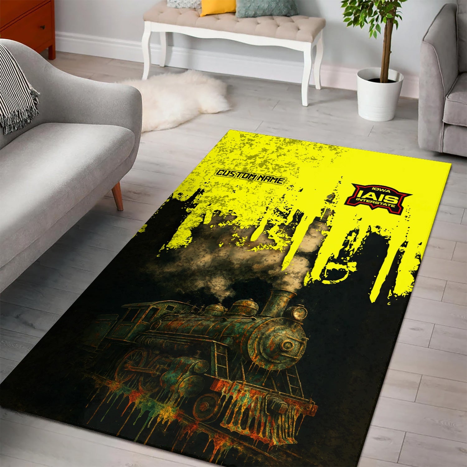Railspirit Personalized Iowa Interstate Railroad Area Rug Vintage Train Art Style IAIS Rug For Locomotive Fans